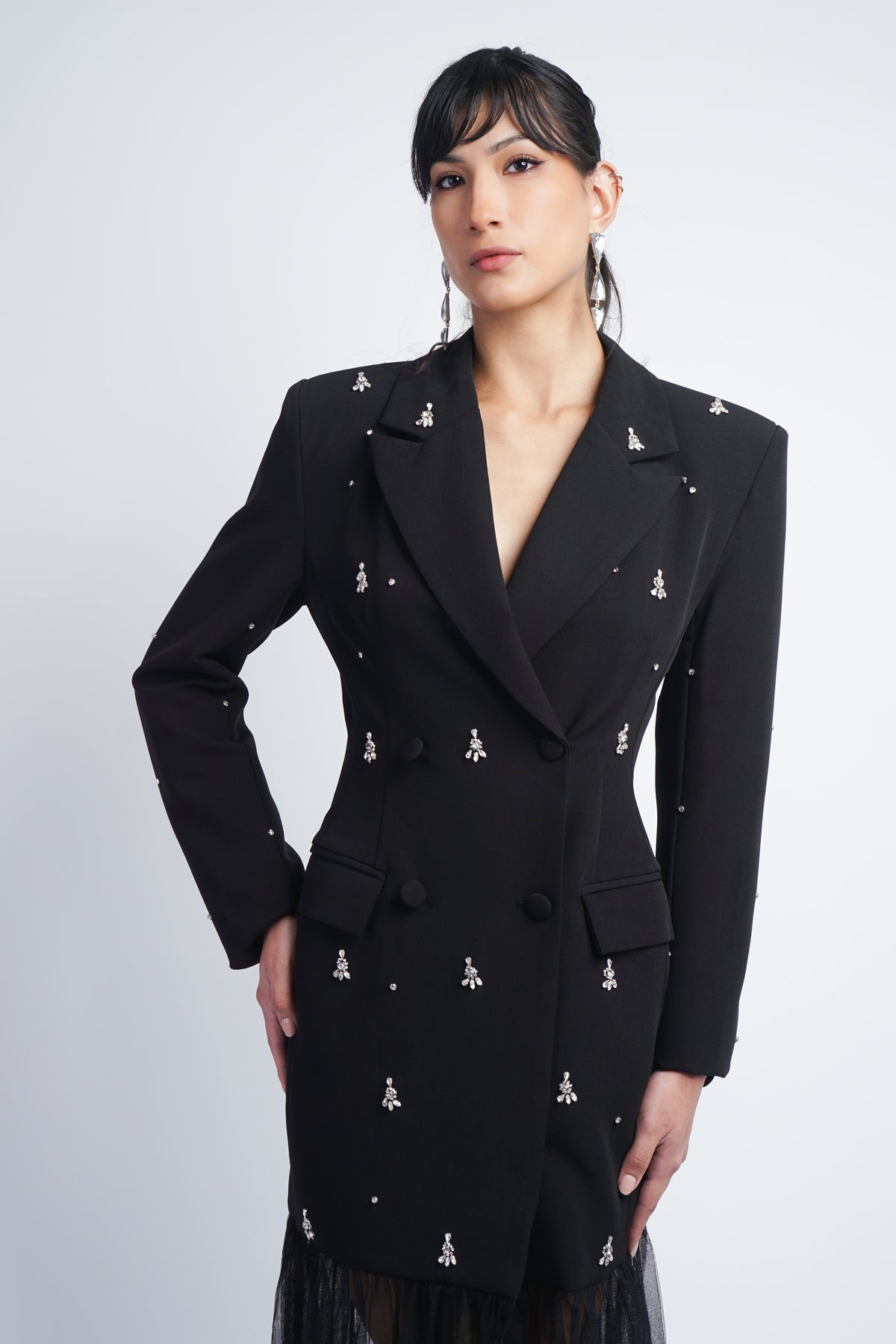 Black Embellished Tulle Maxi Blazer Dress