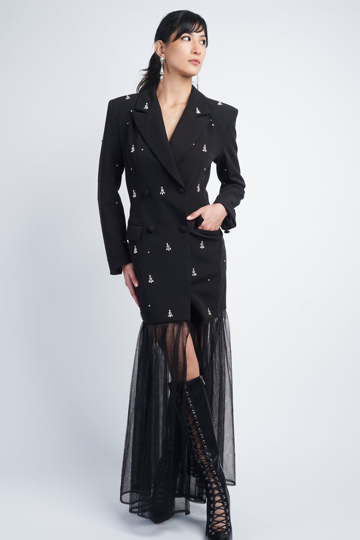 Black Embellished Tulle Maxi Blazer Dress
