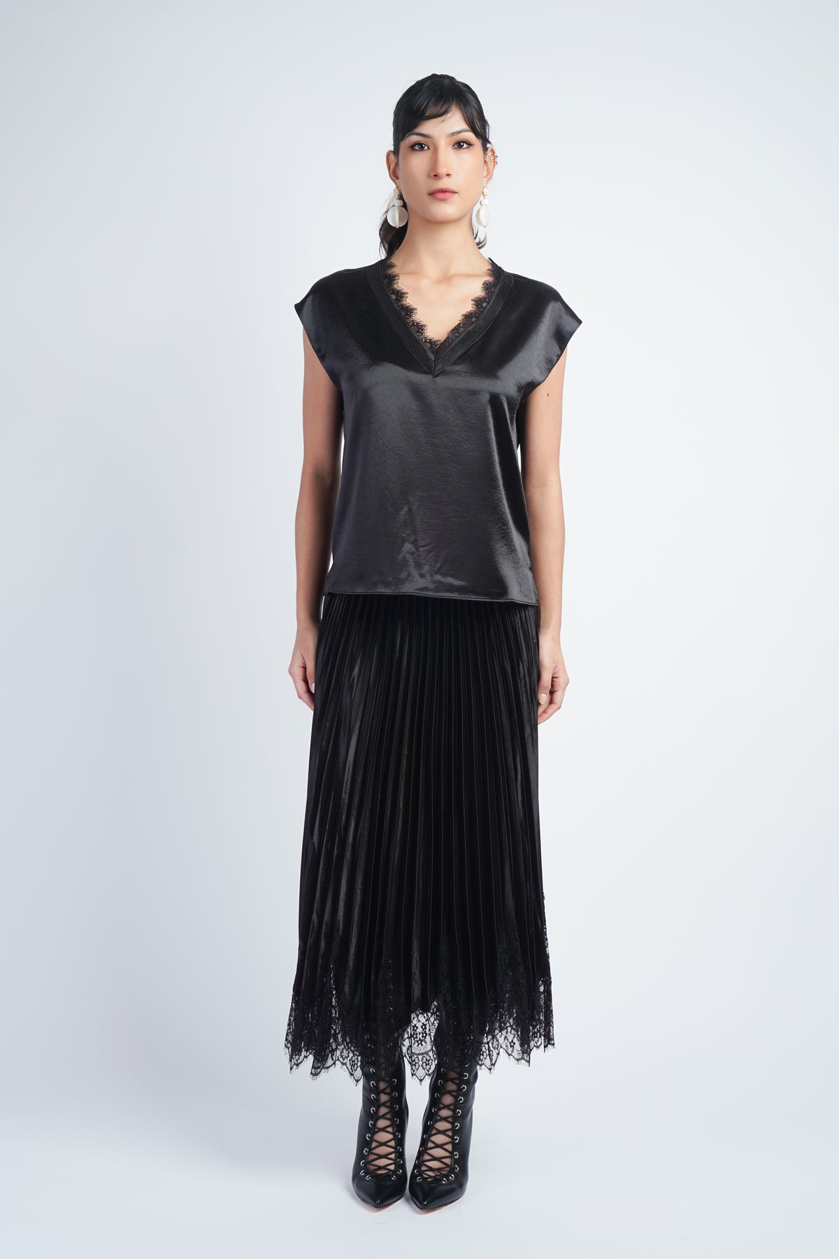 Black Lace V-Neck Cap Sleeve Blouse