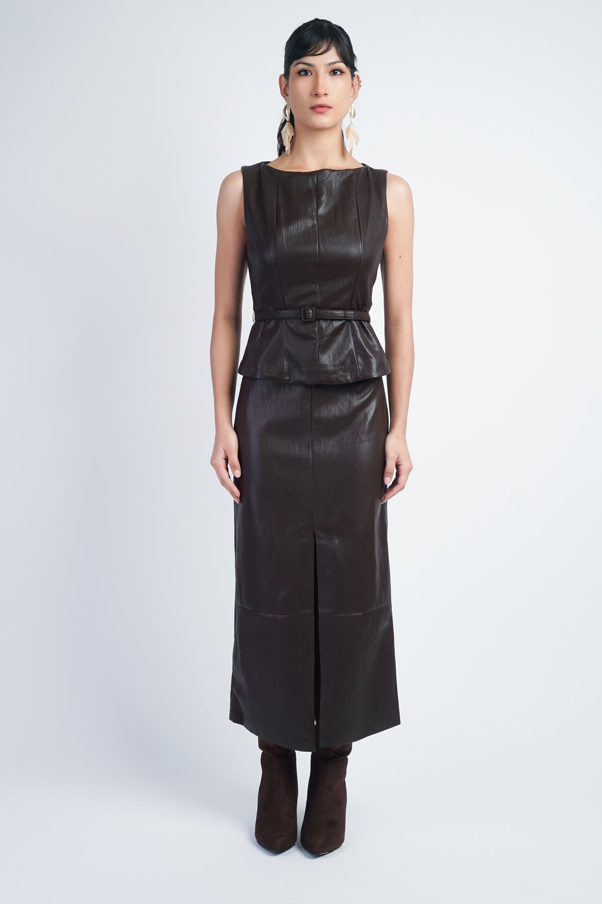 Choco Fondant Faux Leather Slim Long Pencil Skirt