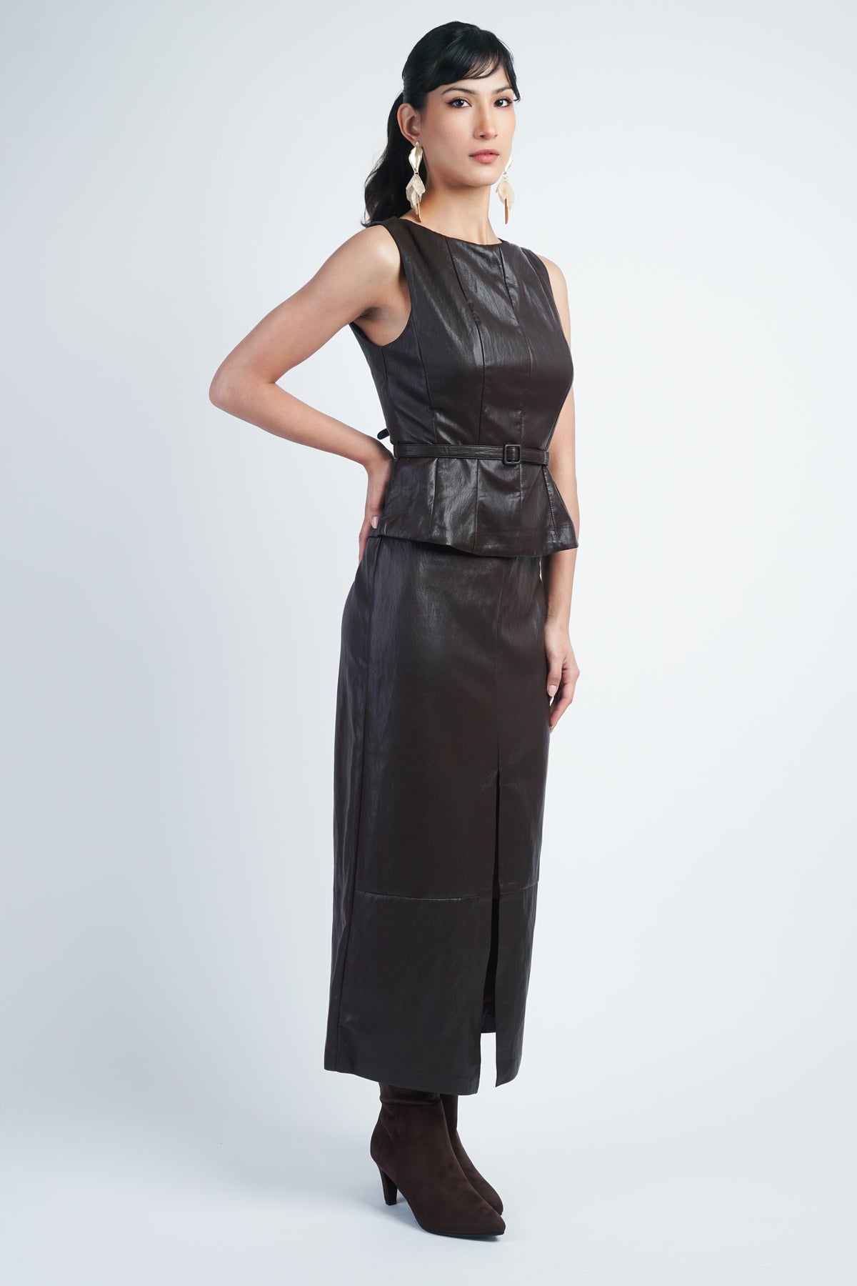 Choco Fondant Faux Leather Slim Long Pencil Skirt