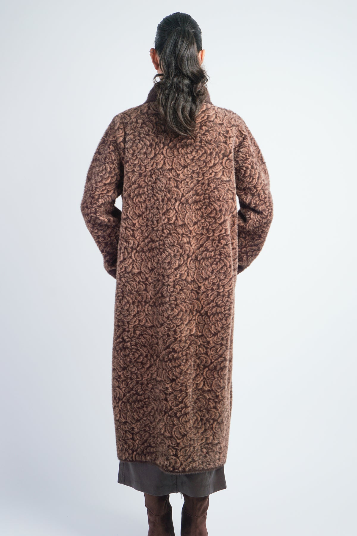 Coffee Textured Floral Bouclé Embellished Longline Coat