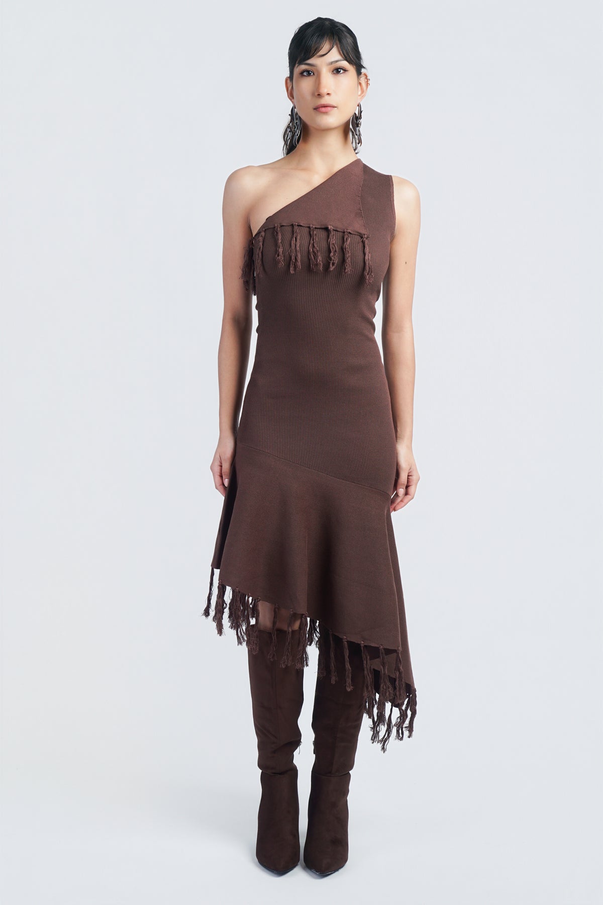 Brown One Shoulder Knit Dress