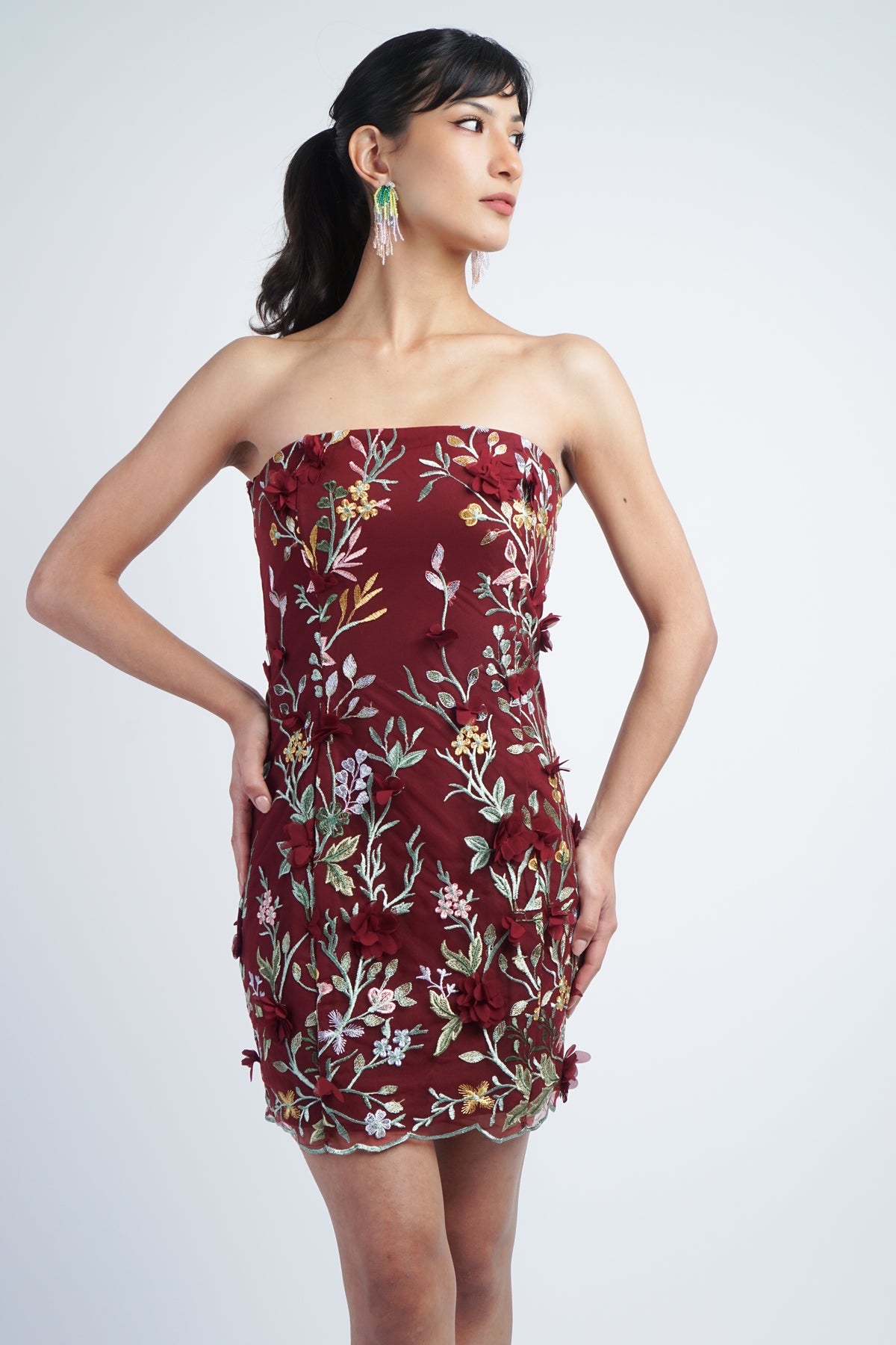 Burgundy Multi Strapless 3D Floral Mini Dress