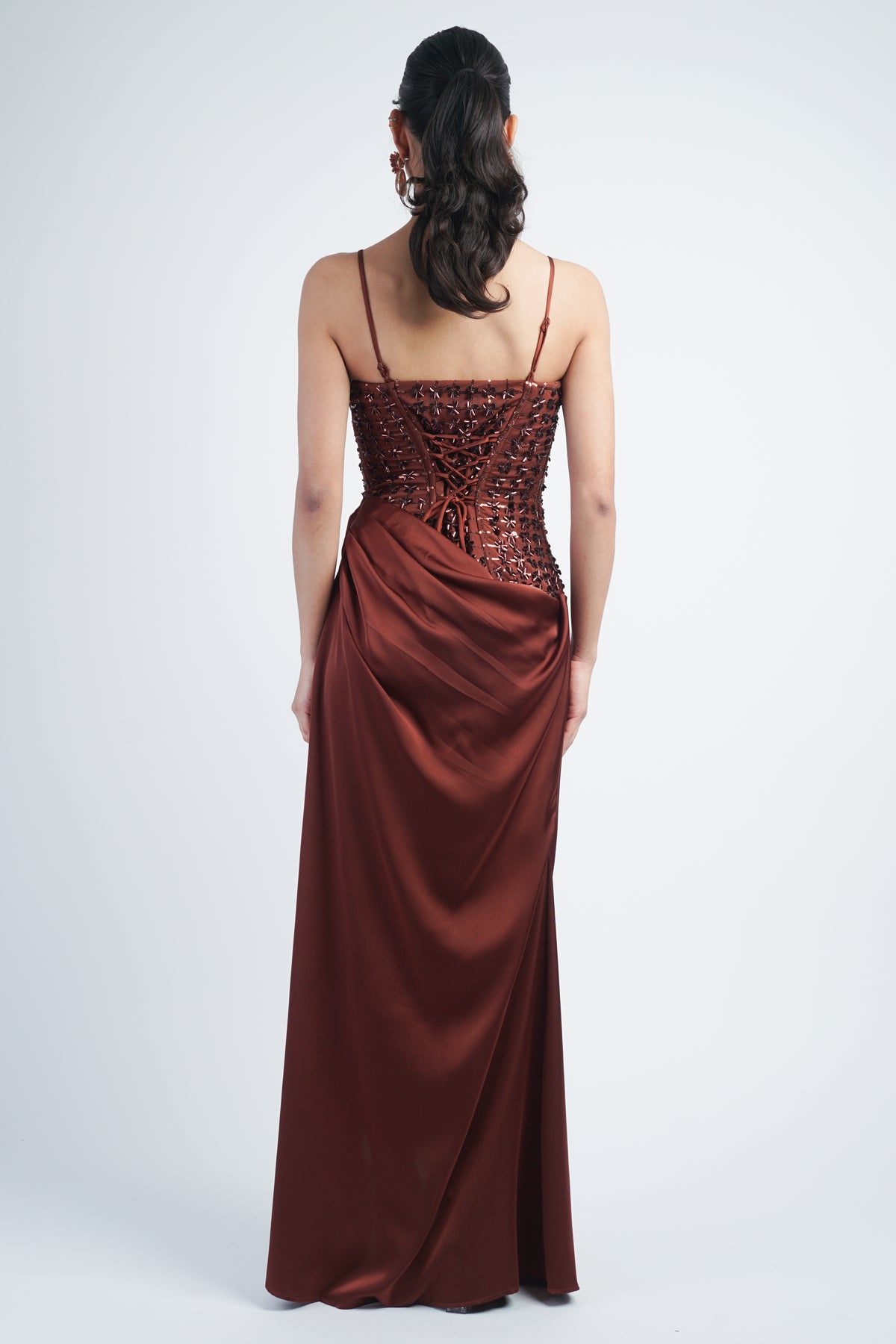 Brown Sequin Appliqué Mesh Gown