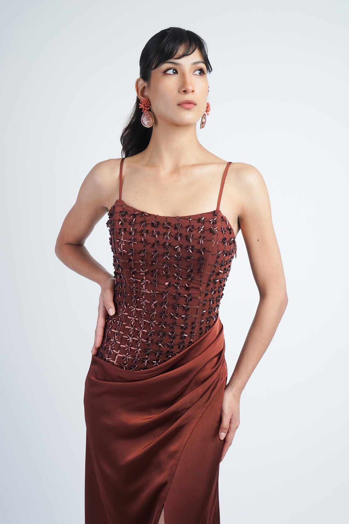 Brown Sequin Appliqué Mesh Gown