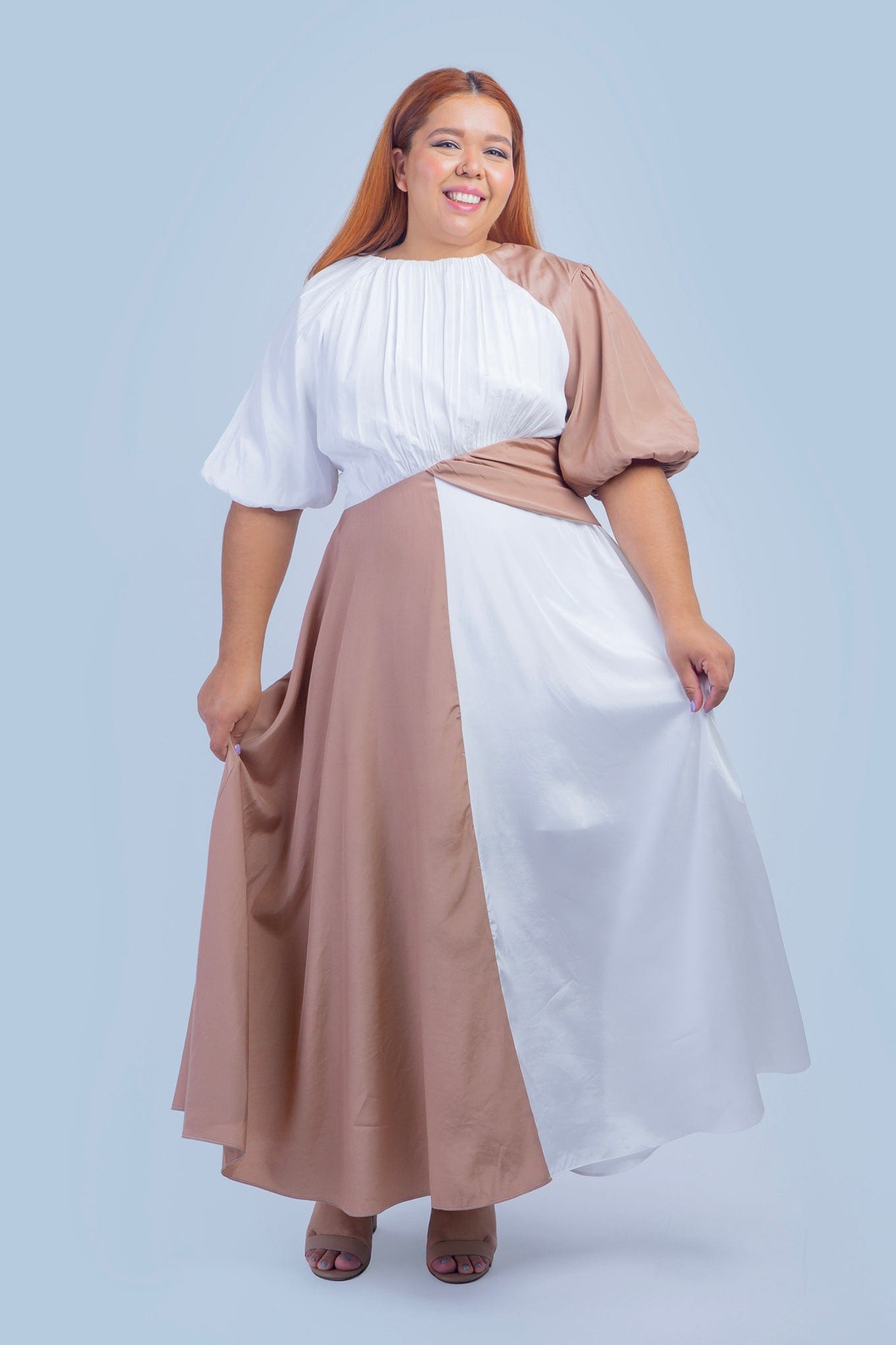 Private Label DRESSES Plus White Tan Color Block Maxi Dress