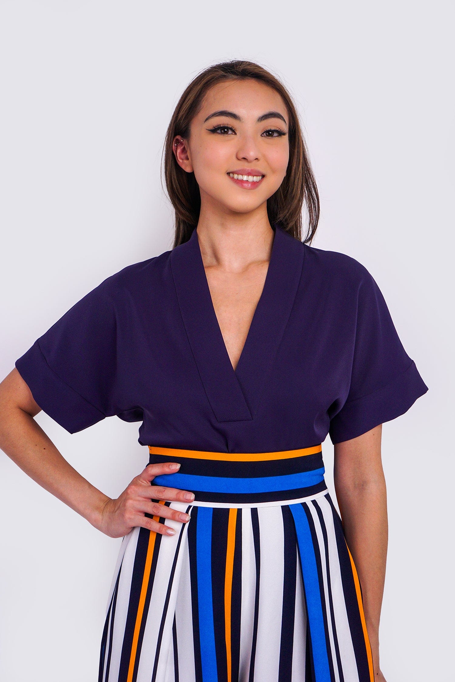 Chloe Dao BOTTOMS Blue Stripe Pleated Wide Leg Kira Pants