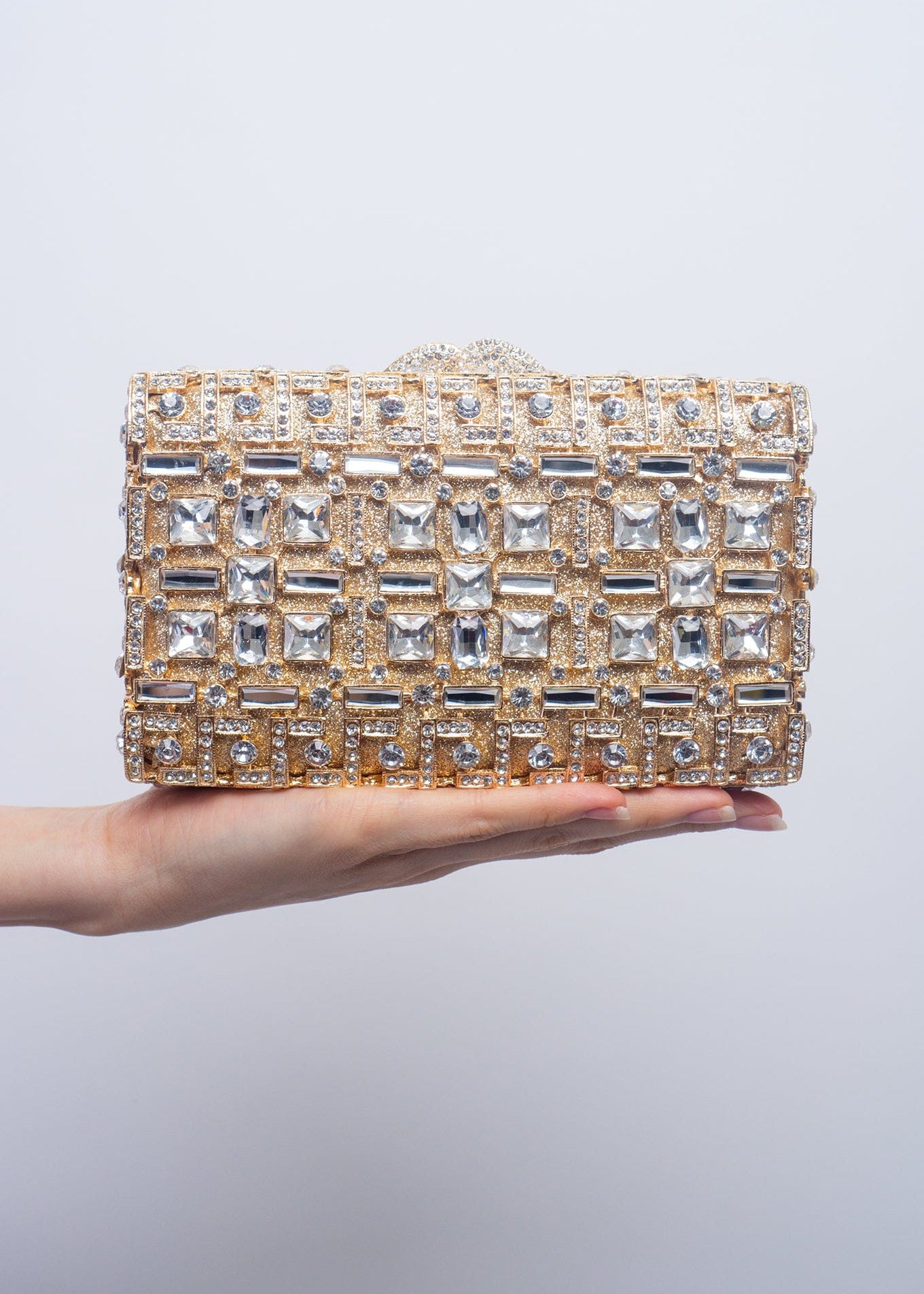 DCD CLUTCHES Gold Gold Rhinestone Rectangular Box Clutch