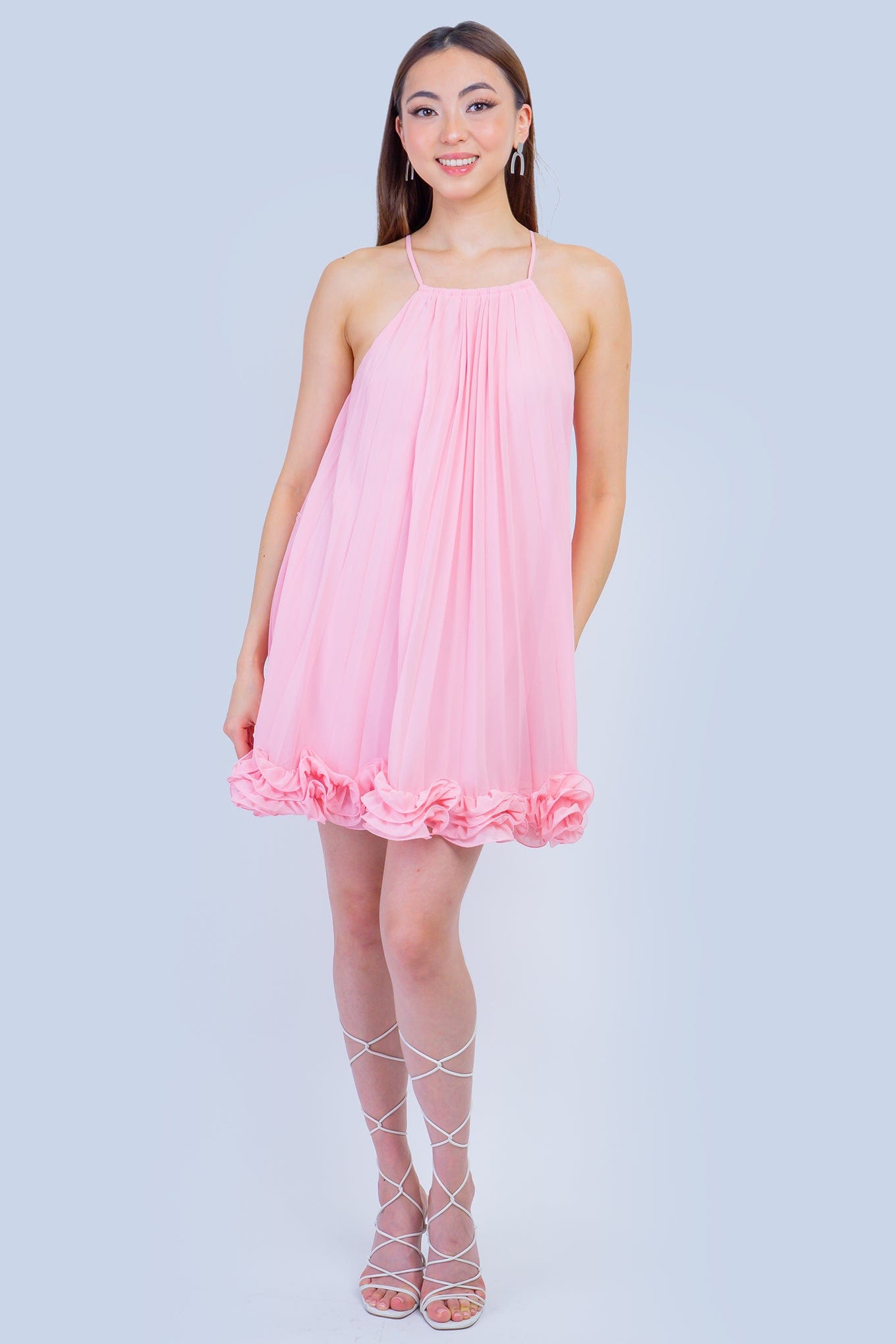 DCD DRESSES Baby Pink Chiffon Pleated Tie Waist Fit and Flare Dress