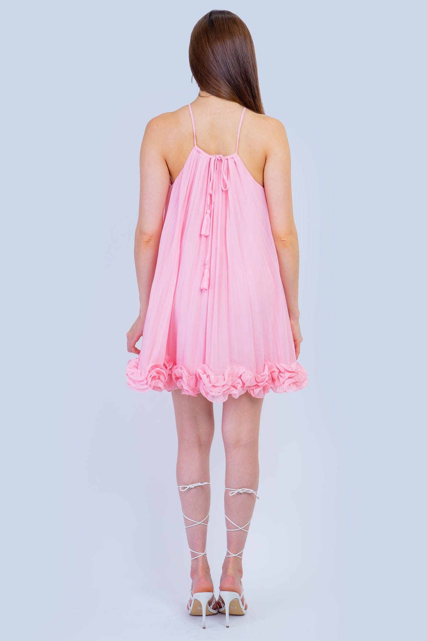 DCD DRESSES Baby Pink Chiffon Pleated Tie Waist Fit and Flare Dress