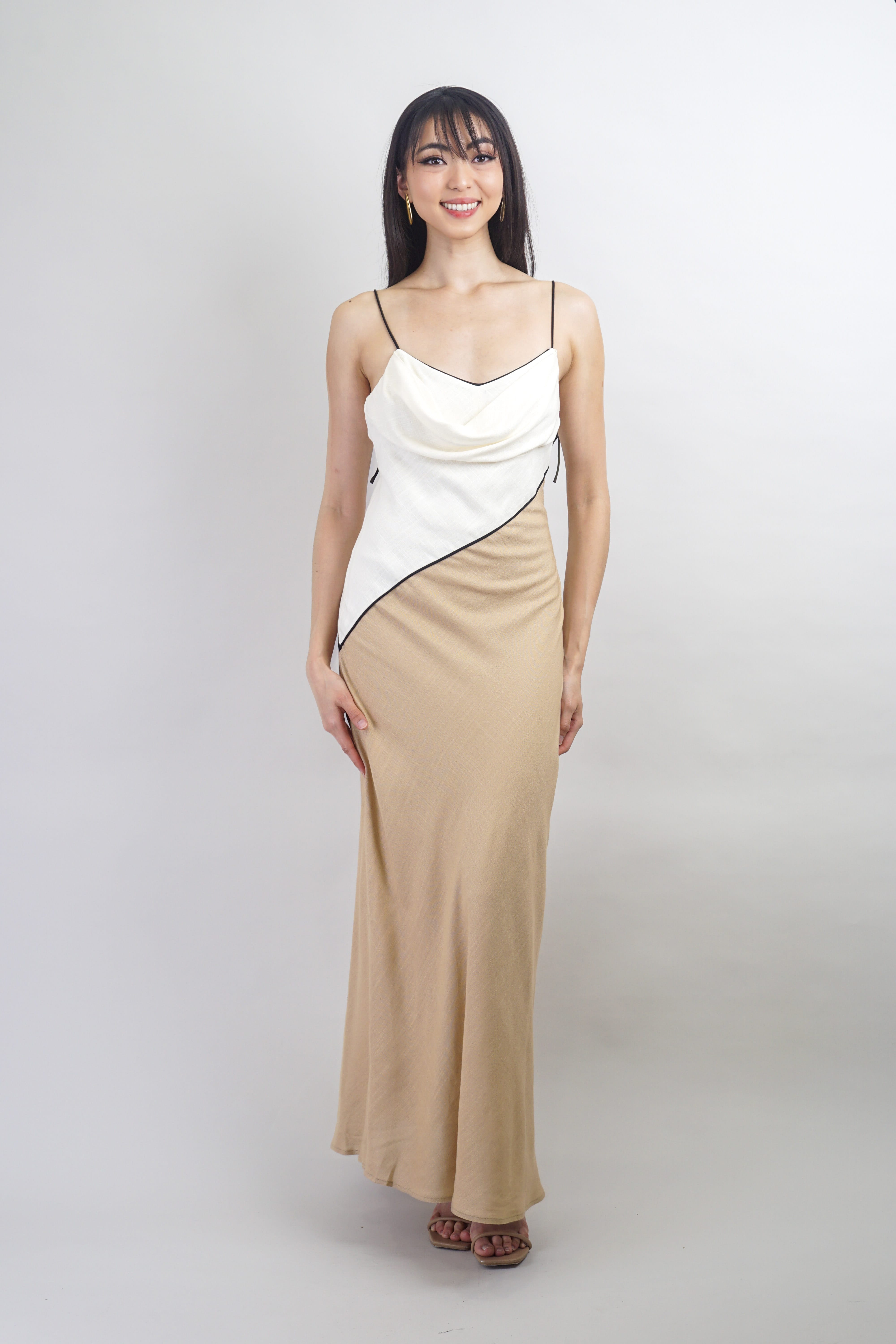 Private Label DRESSES Bias Cream Tan Slip Cowl Midi Dress
