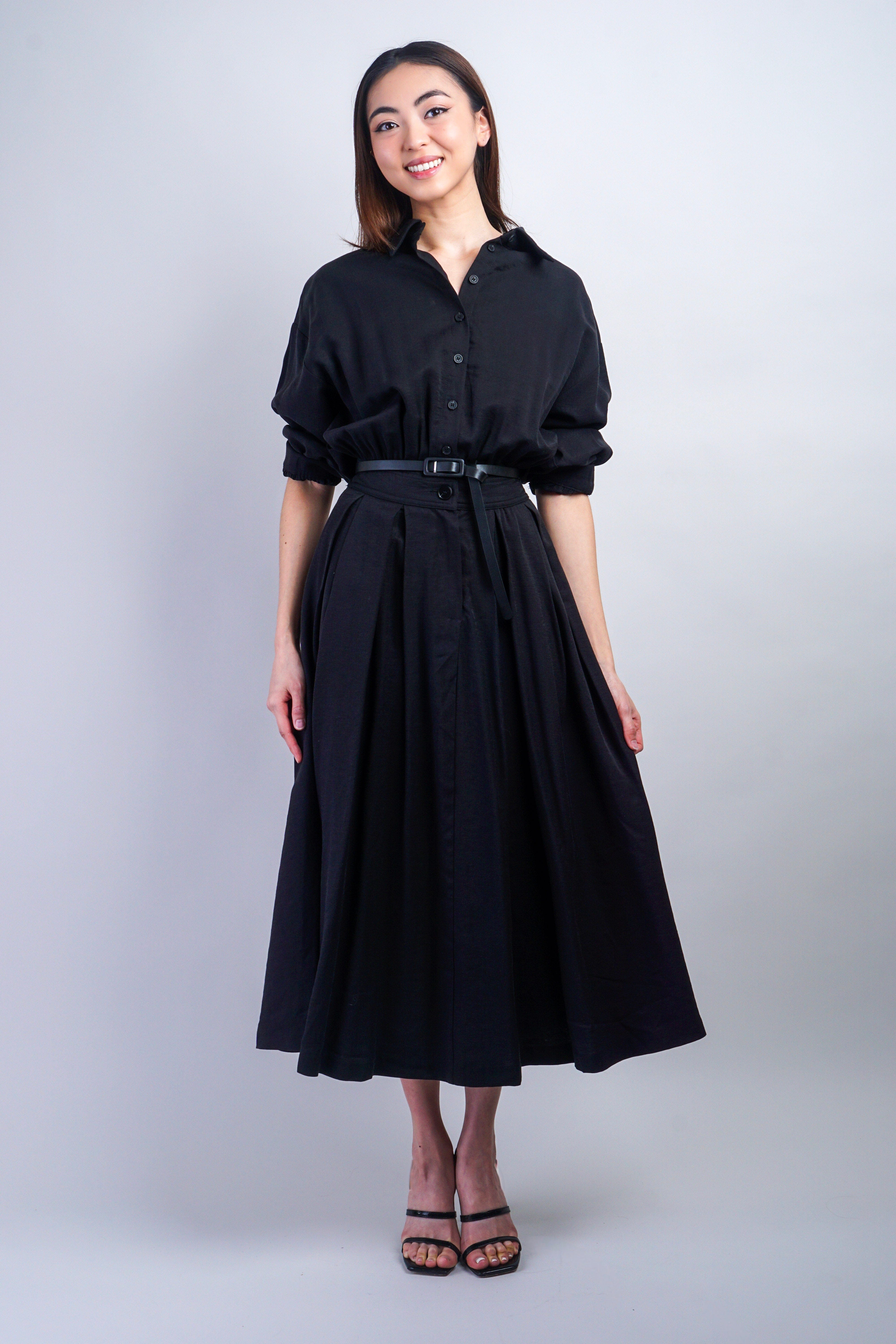 Private Label DRESSES Black Classic Long Sleeve Midi Shirt Dress
