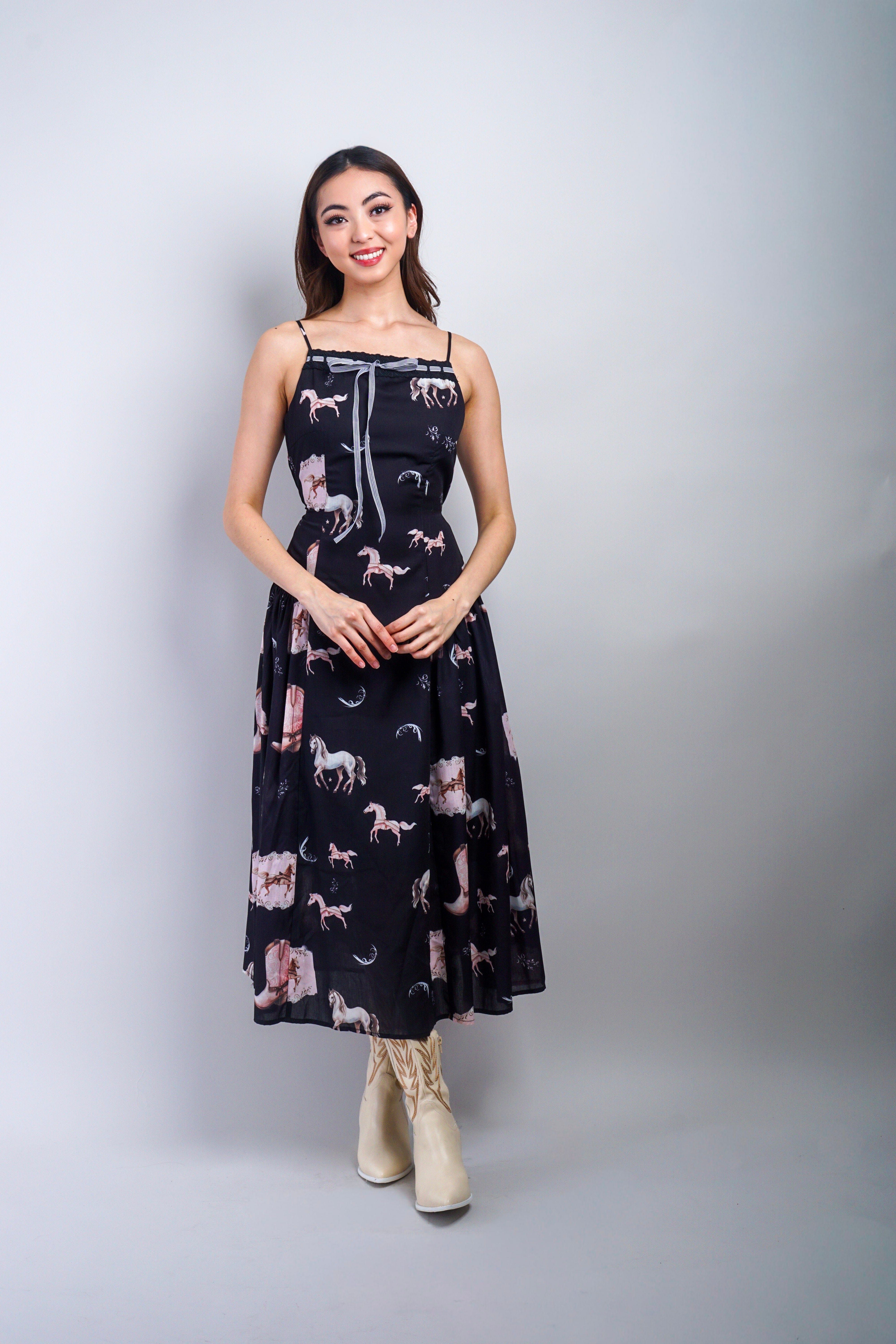 Private Label DRESSES Black Multi Horse Western Print Midi Dress
