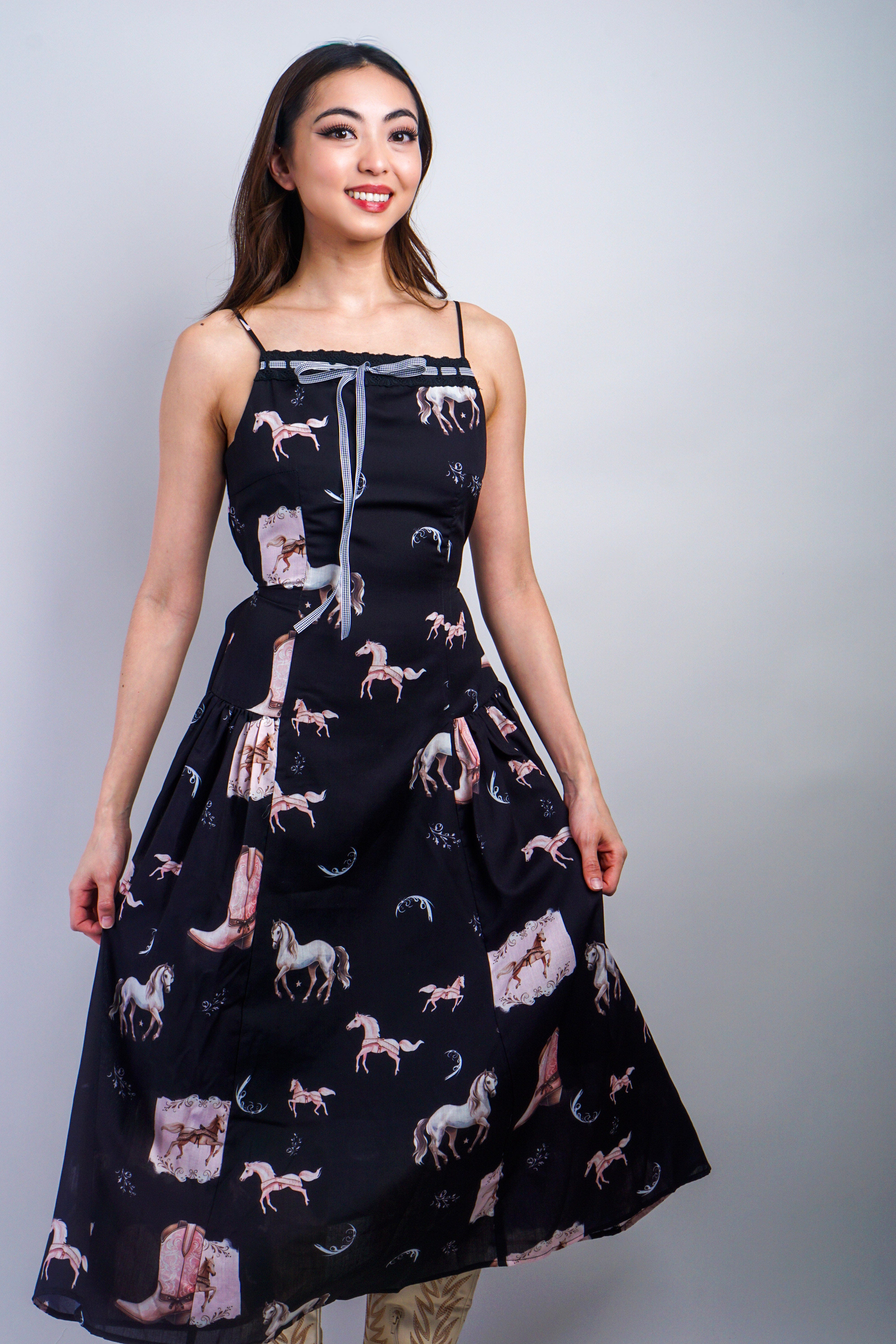 Private Label DRESSES Black Multi Horse Western Print Midi Dress