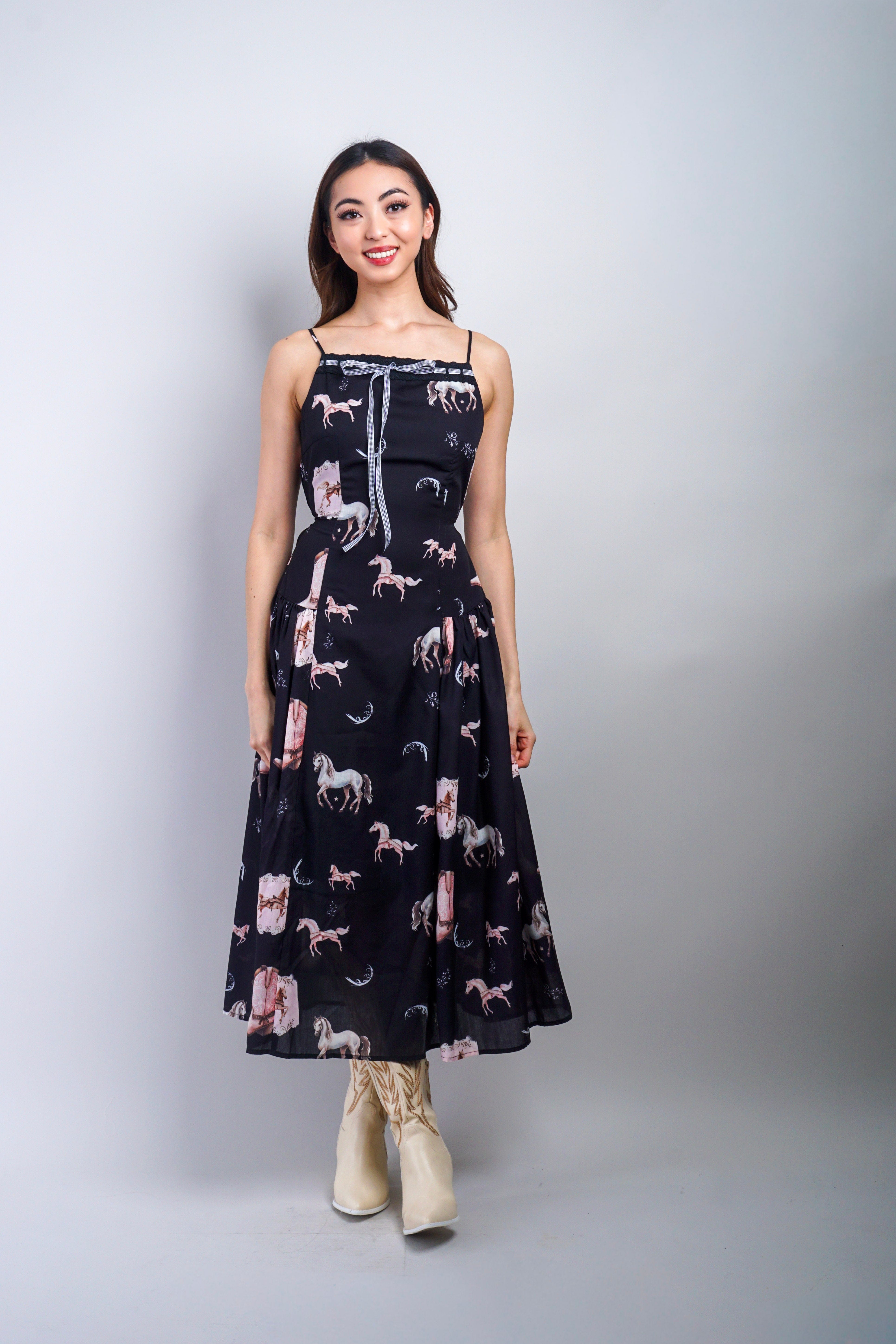 Private Label DRESSES Black Multi Horse Western Print Midi Dress