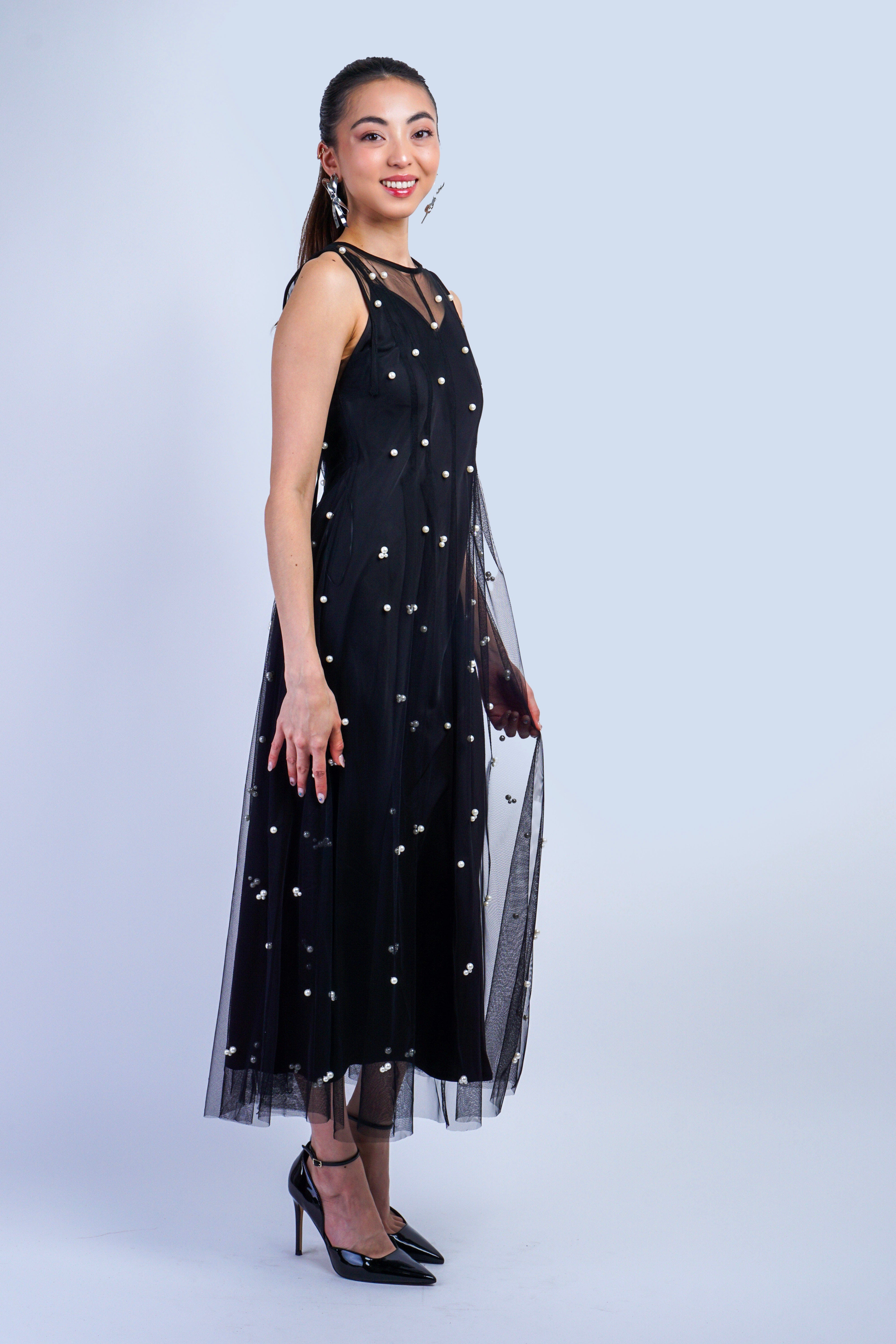 Private Label DRESSES Black Pearl Beaded Mesh Midi Dress