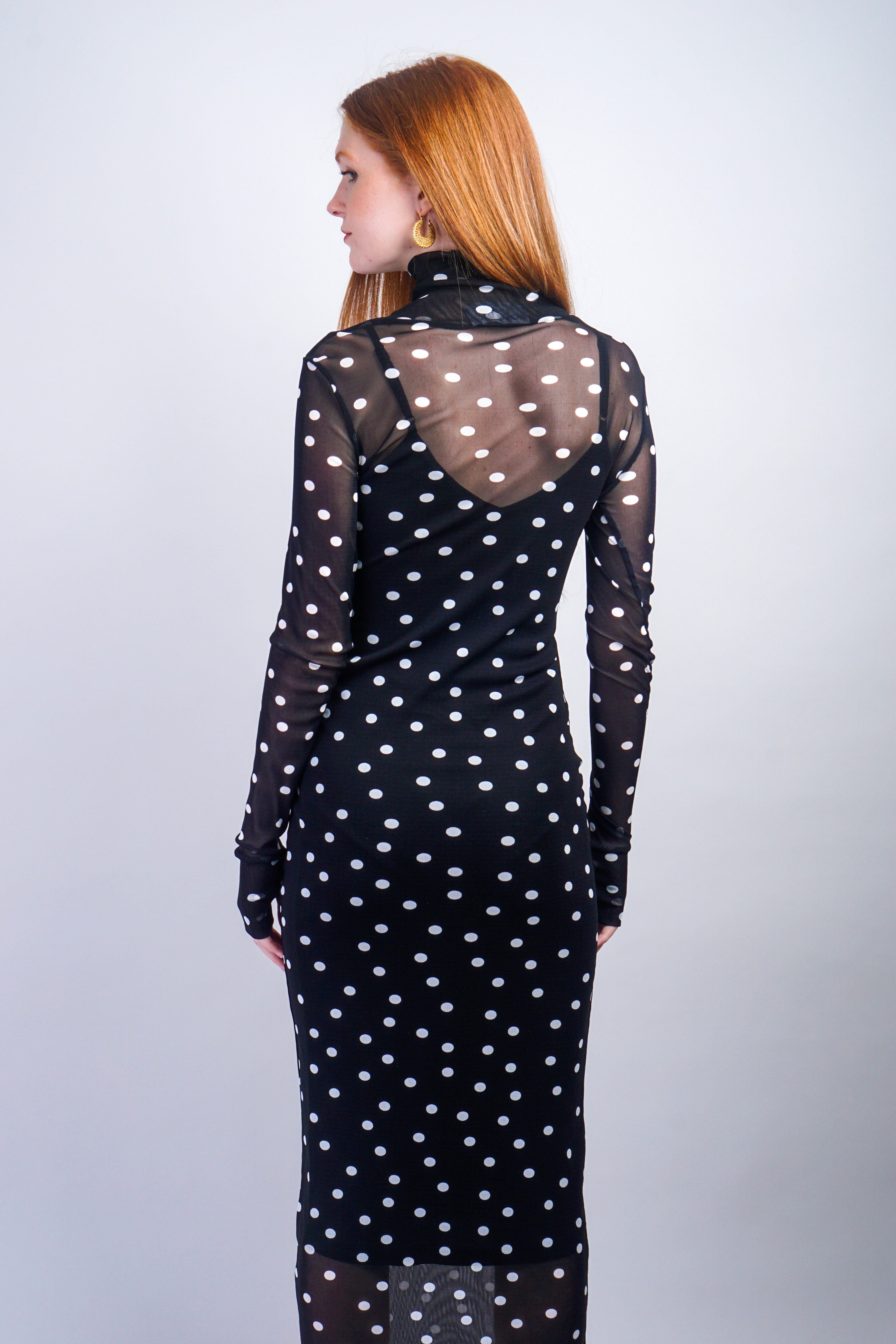 Private Label DRESSES Black Polka-Dot Mesh Print Mid Length Dress