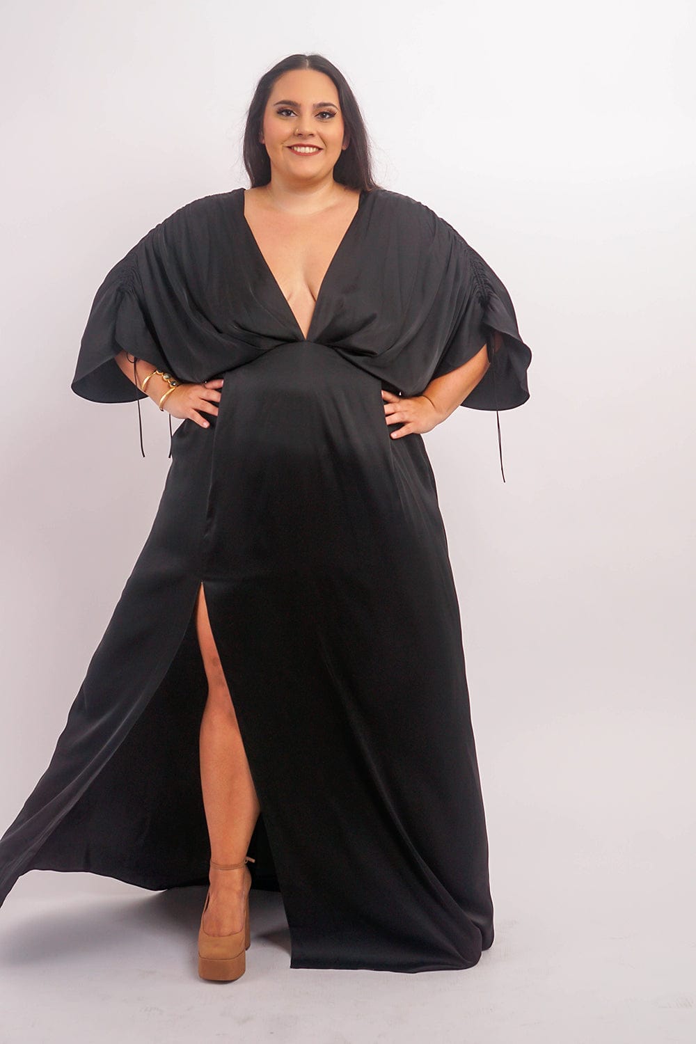 green emerald velvet dress Emery Black Satin Plunge Neck Strappy Back Maxi Dress – Club L London