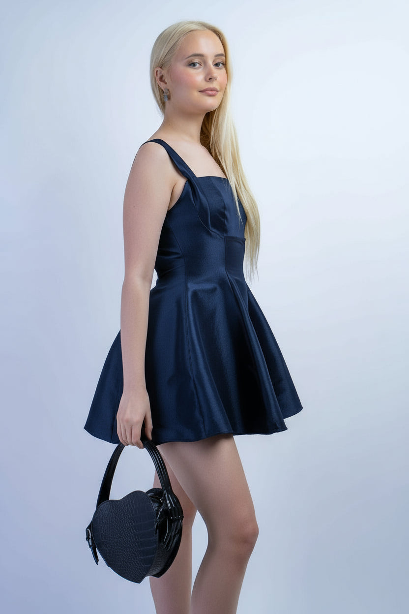 DCD DRESSES Black Satin Square Neck Flared Dress