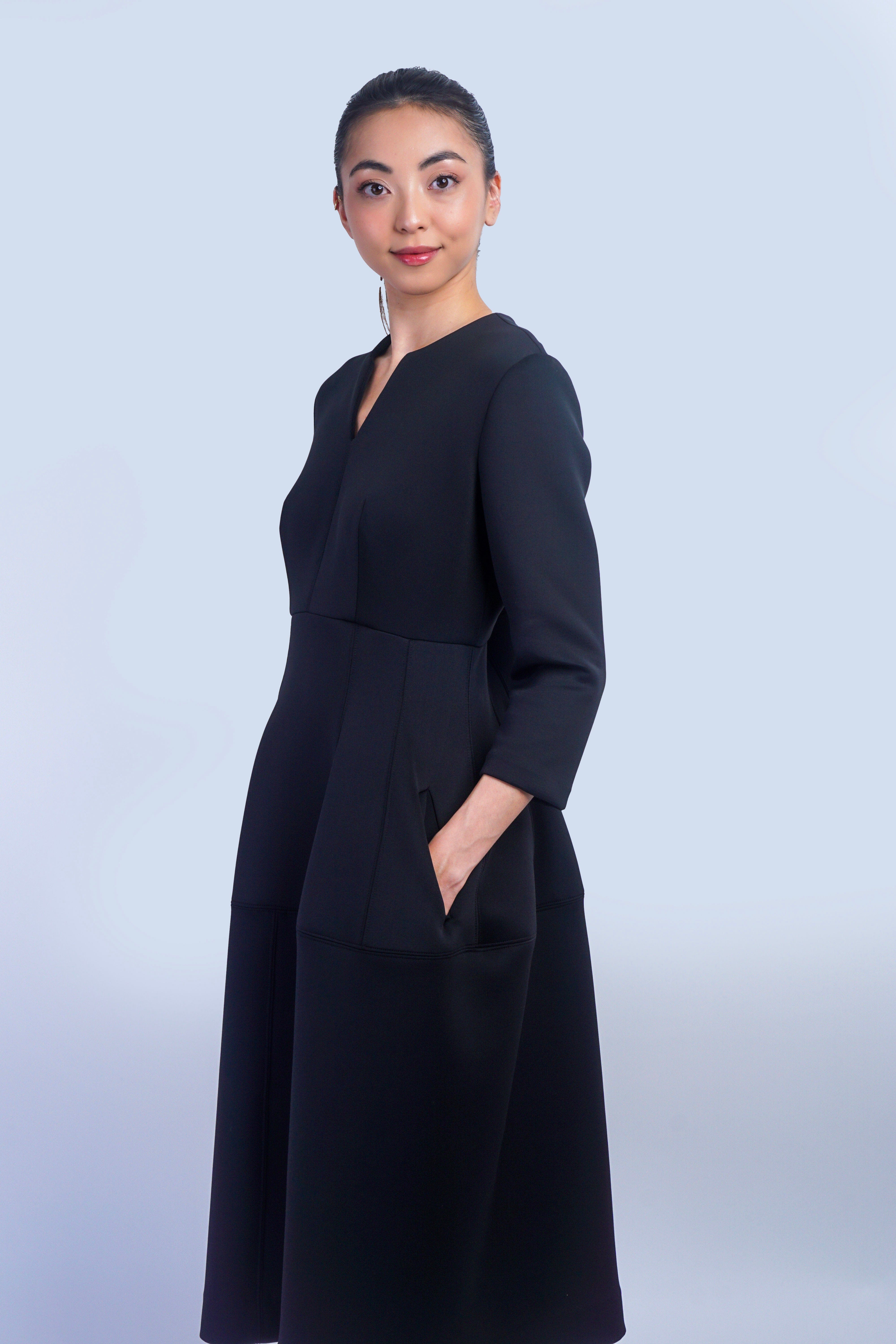 Chloe Dao DRESSES Black V Neck Neoprene Midi Dress