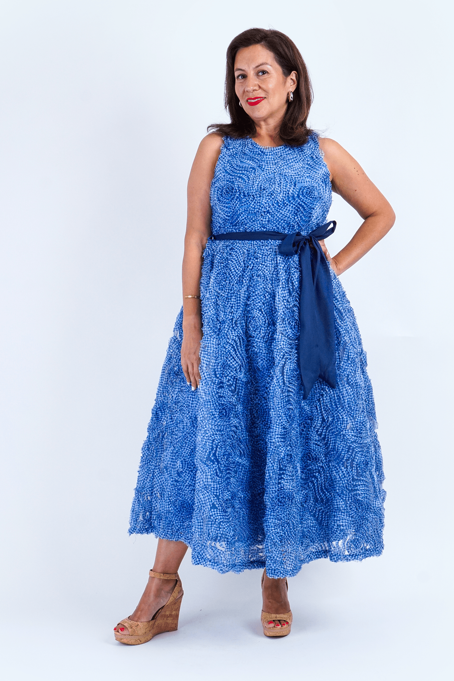 chinese dress ladies Blue Gingham 3D Floral Midi Dress