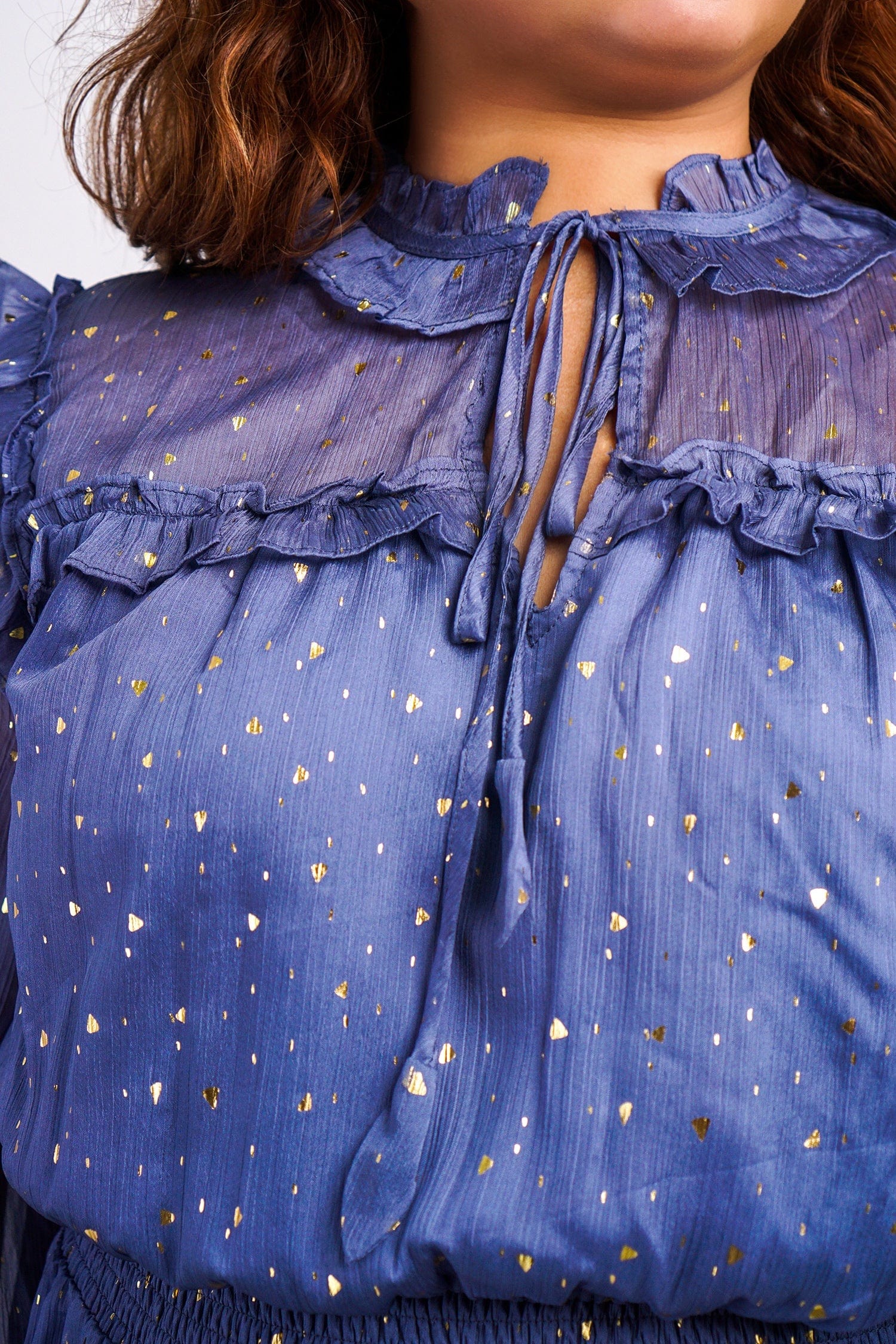 DCD DRESSES Blue Chiffon Glitter Ruffle Yoke Midi Dress