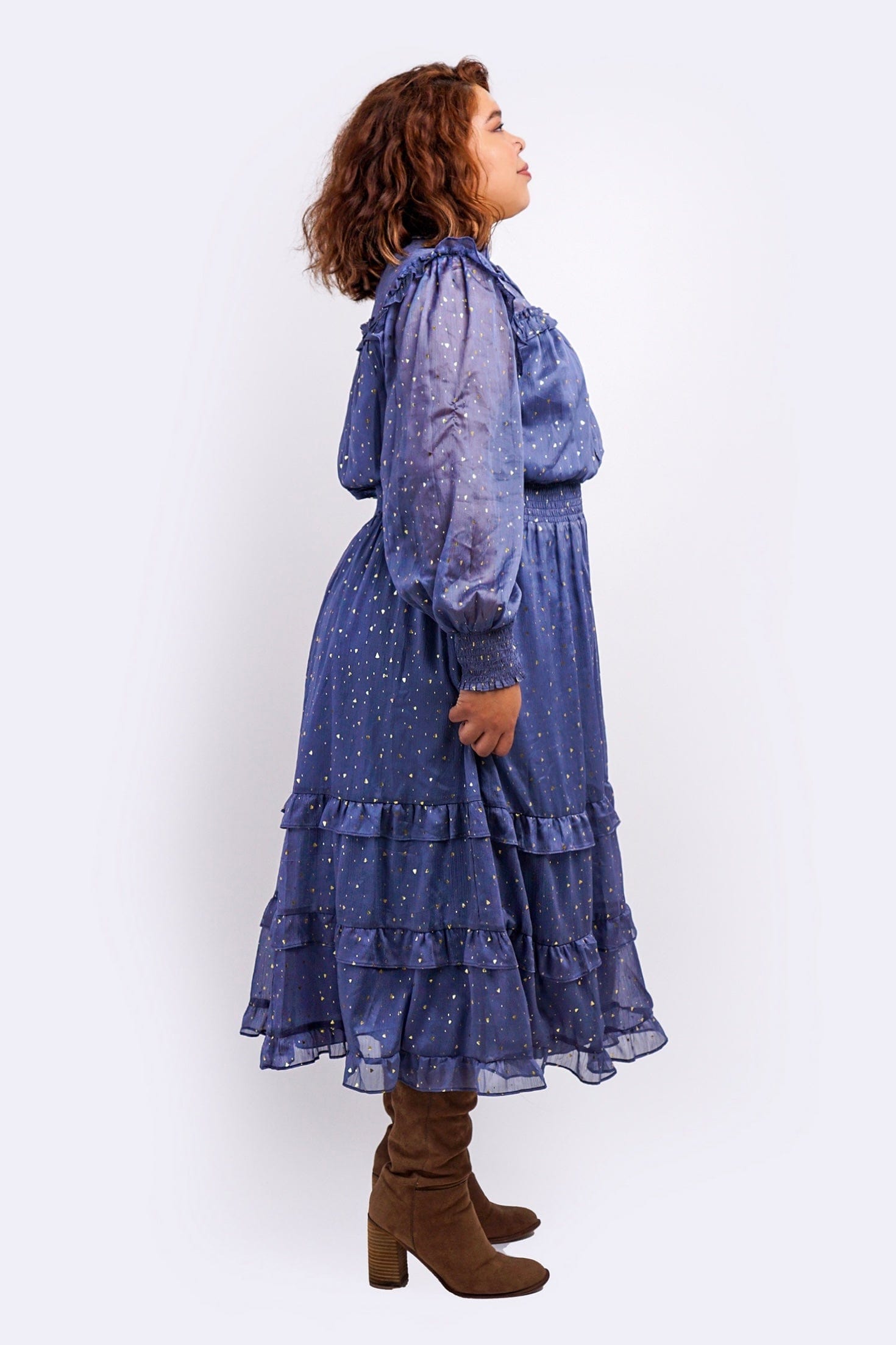 DCD DRESSES Blue Chiffon Glitter Ruffle Yoke Midi Dress