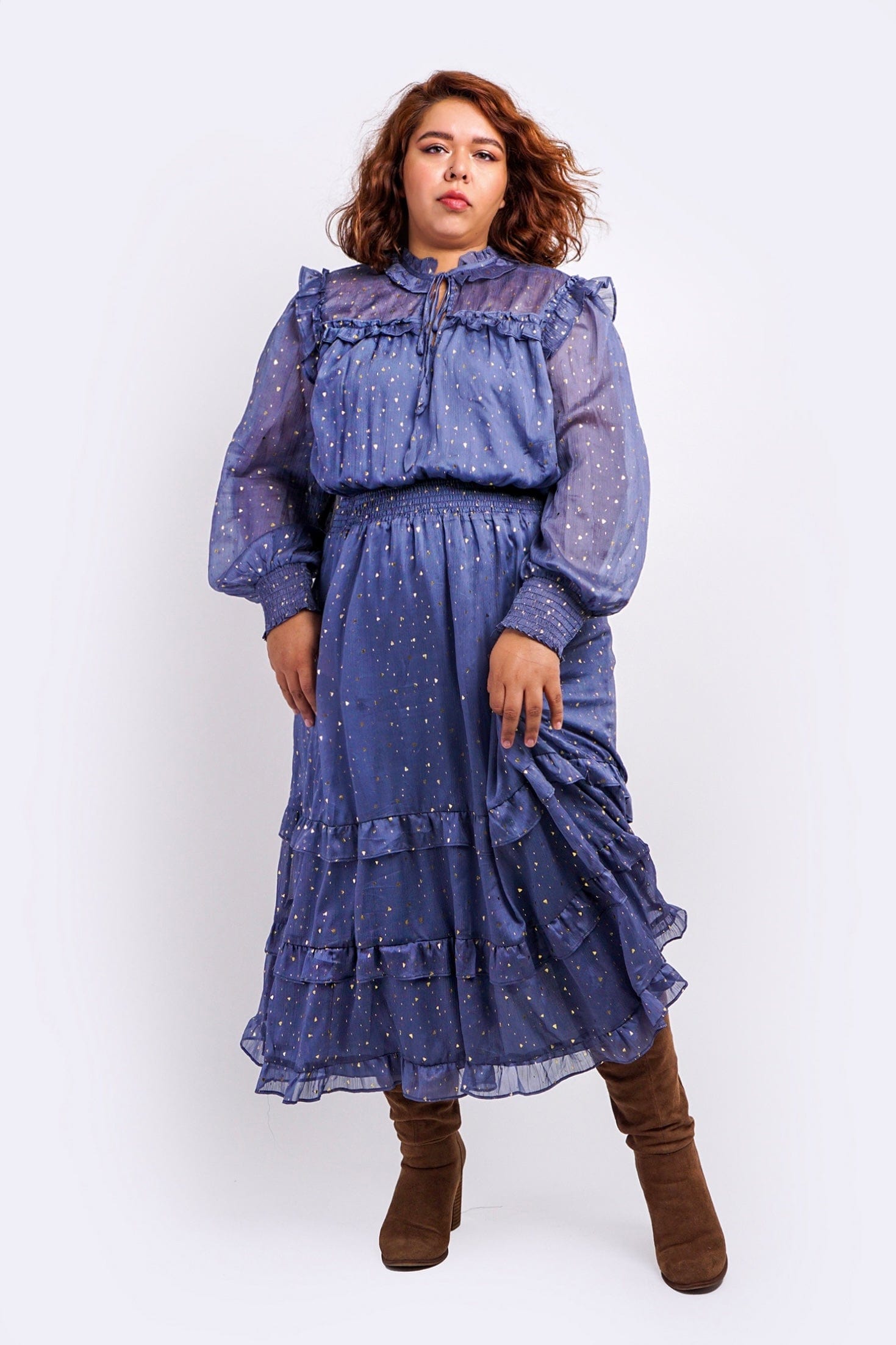 DCD DRESSES Blue Chiffon Glitter Ruffle Yoke Midi Dress