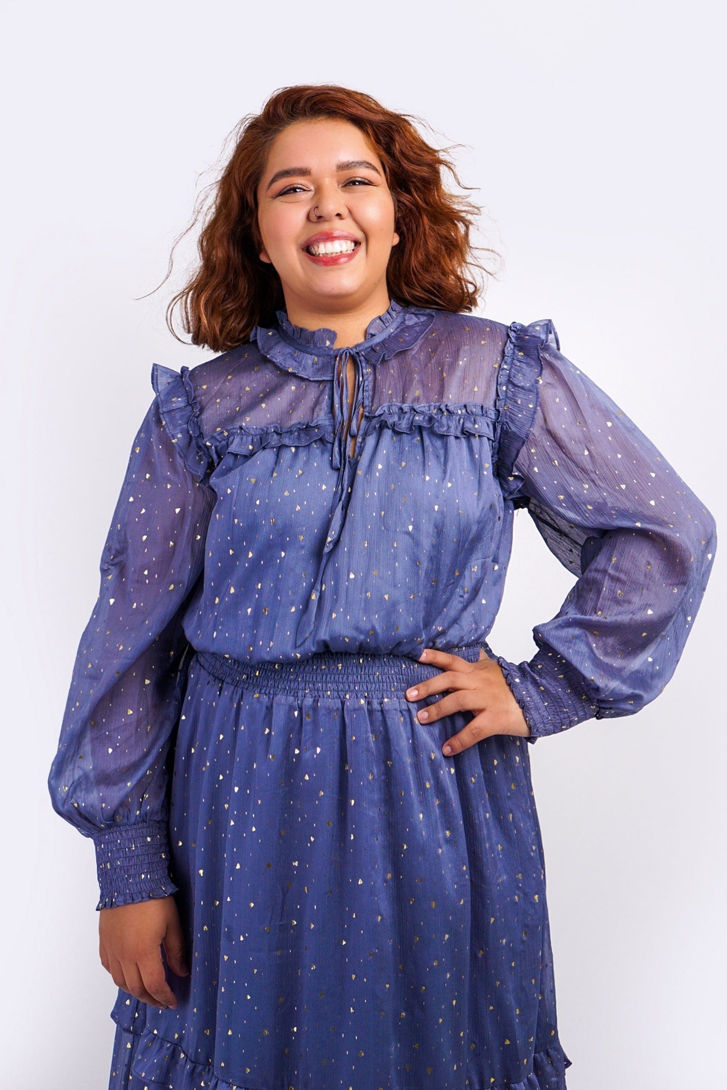 DCD DRESSES Blue Chiffon Glitter Ruffle Yoke Midi Dress