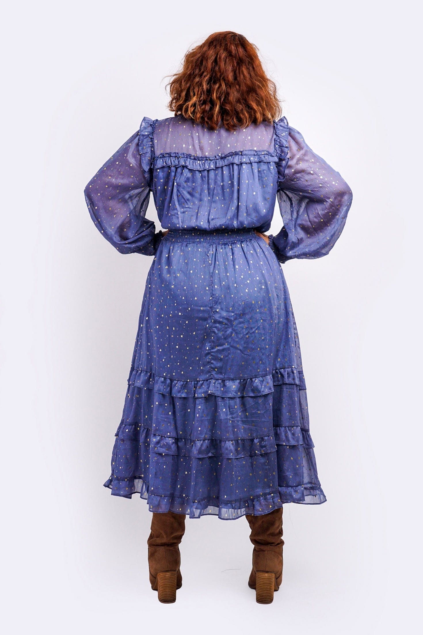 DCD DRESSES Blue Chiffon Glitter Ruffle Yoke Midi Dress