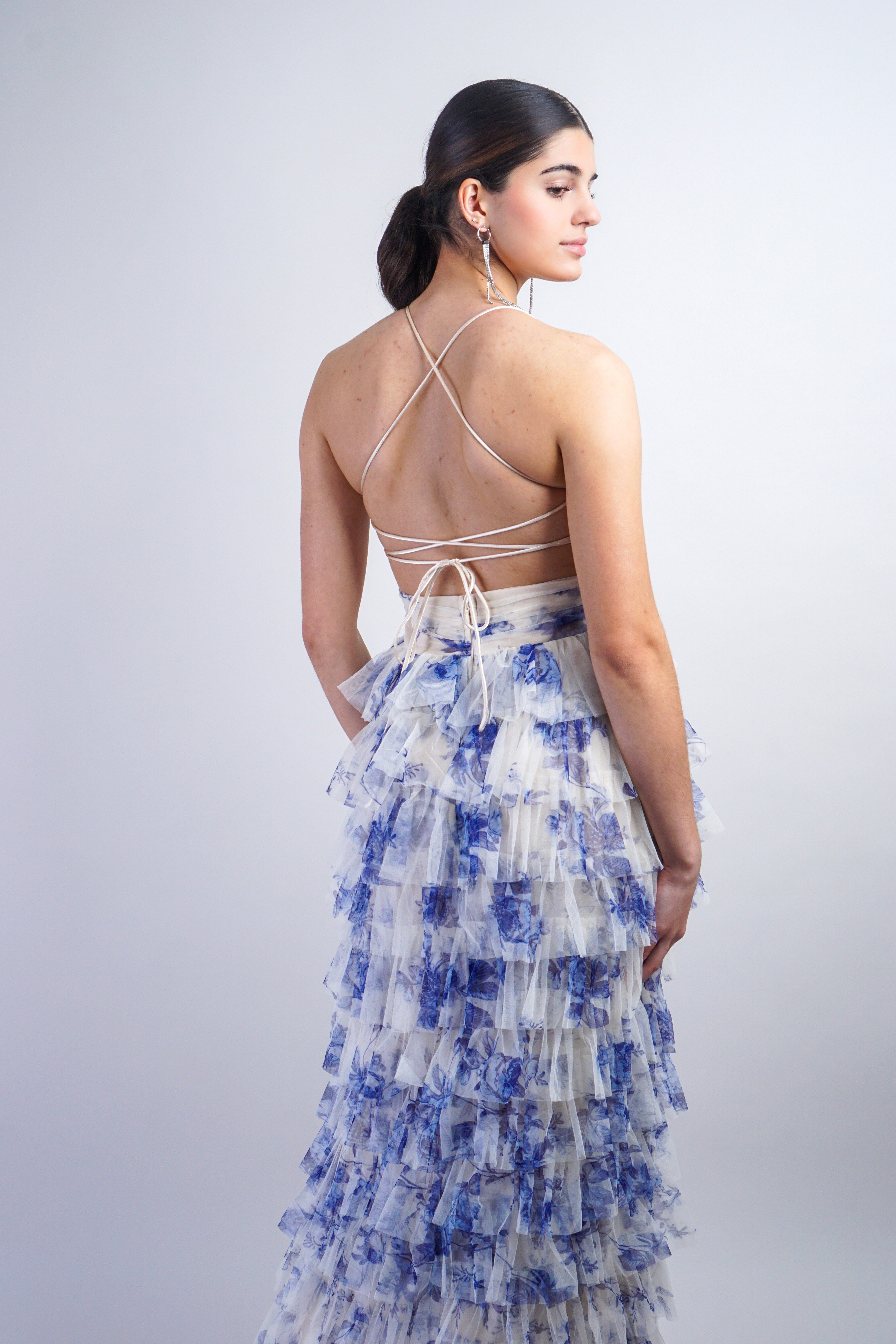 Private Label DRESSES Blue Floral Print Tulle Gown