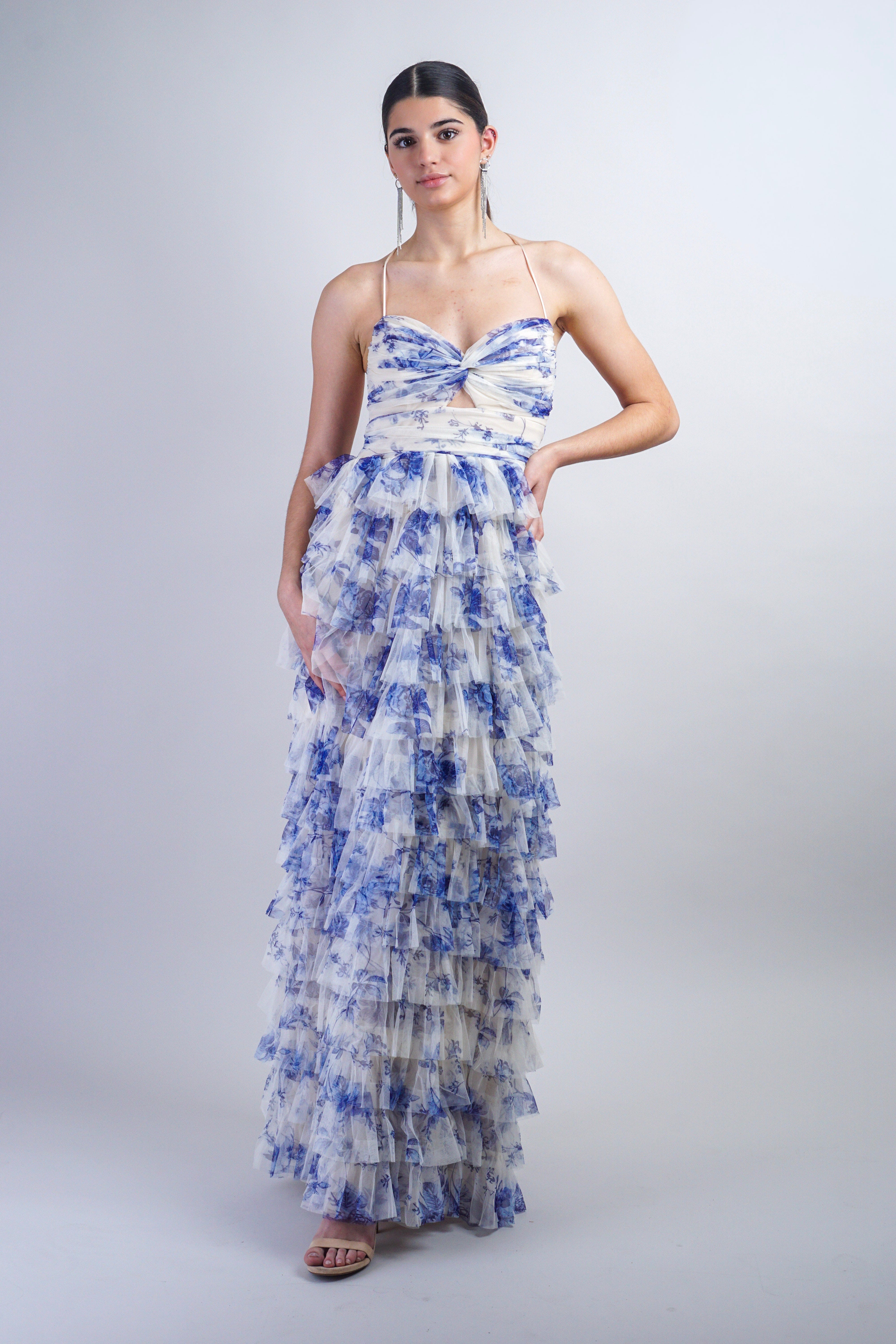 Private Label DRESSES Blue Floral Print Tulle Gown
