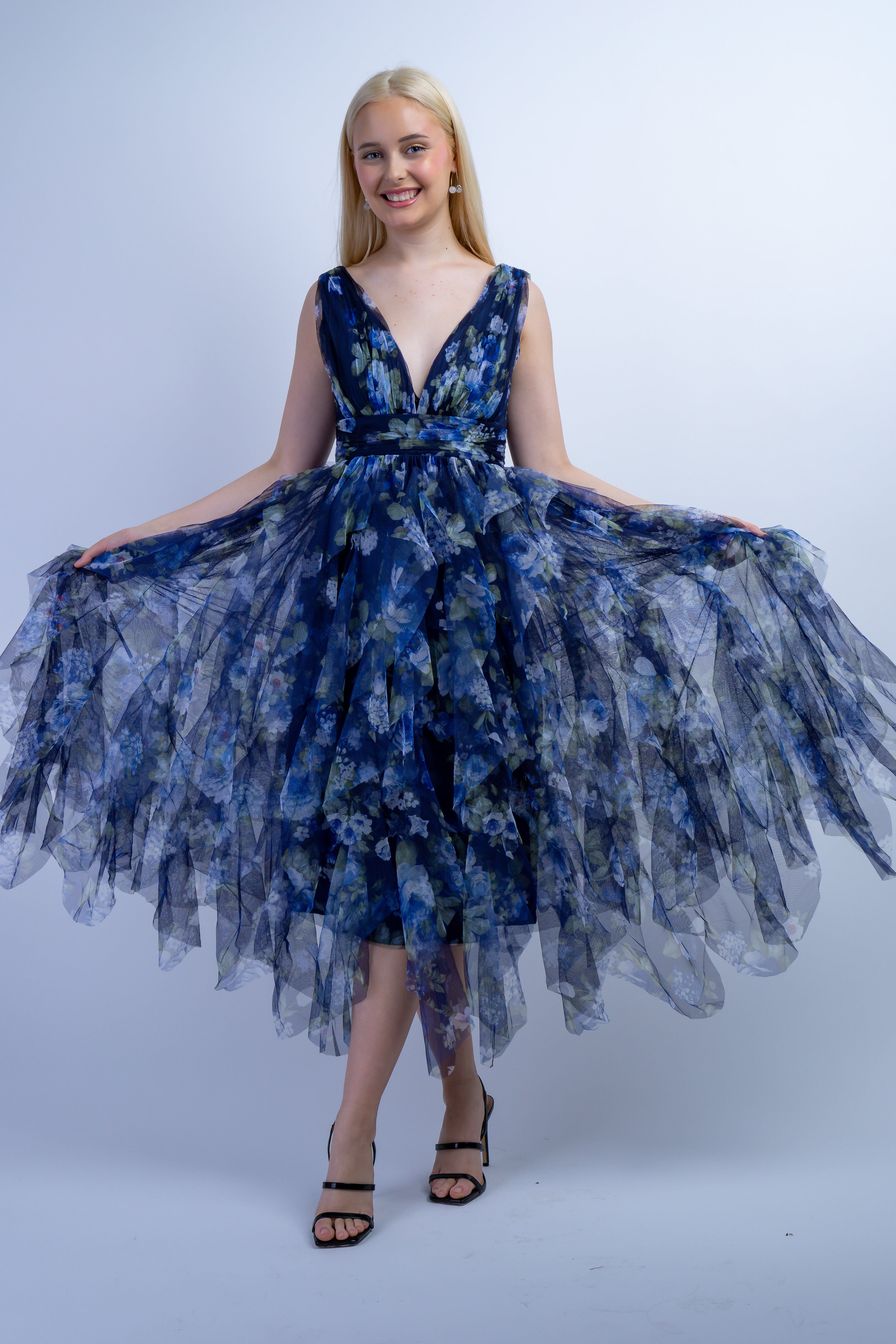 DCD DRESSES Blue Green Floral Tulle V Dress