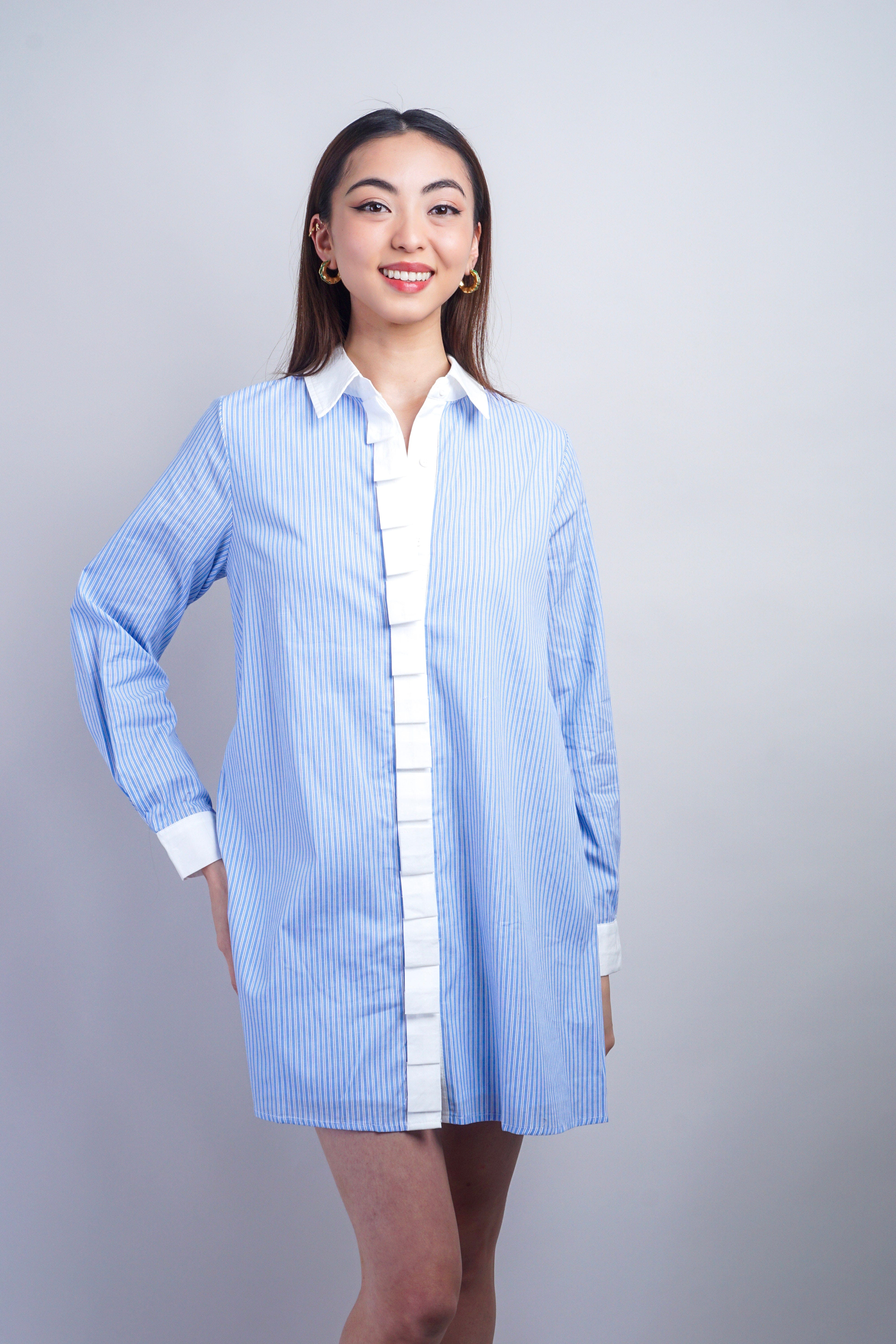 Private Label DRESSES Blue Pin Stripped Contrast Shift Shirt Dress