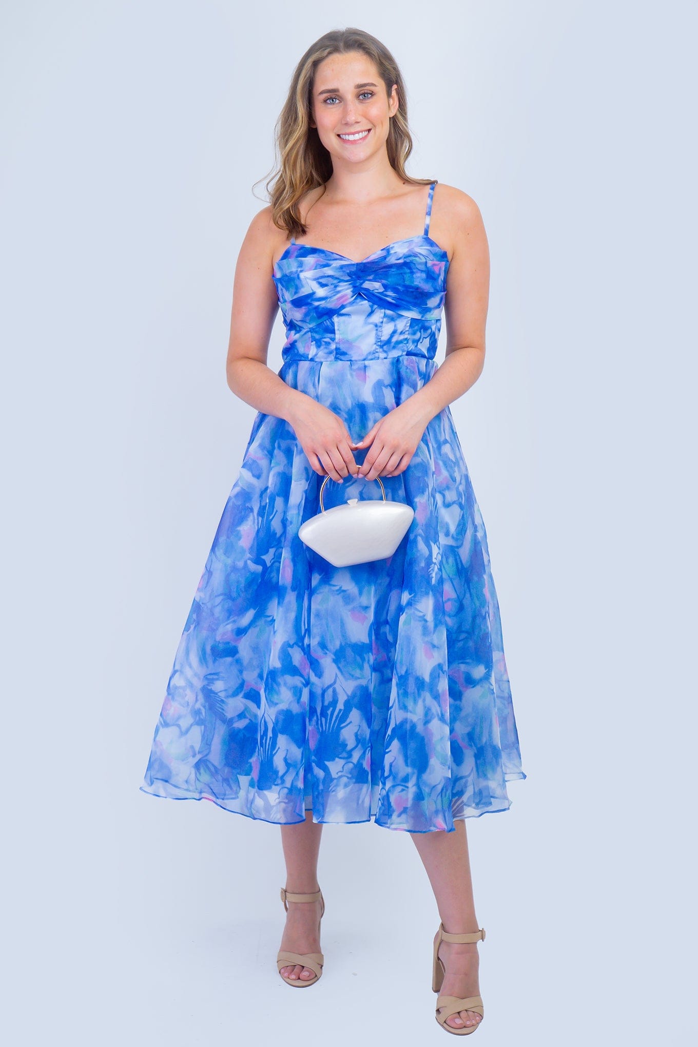 DCD DRESSES Blue Pink Organza Fit and Flare Midi Dress