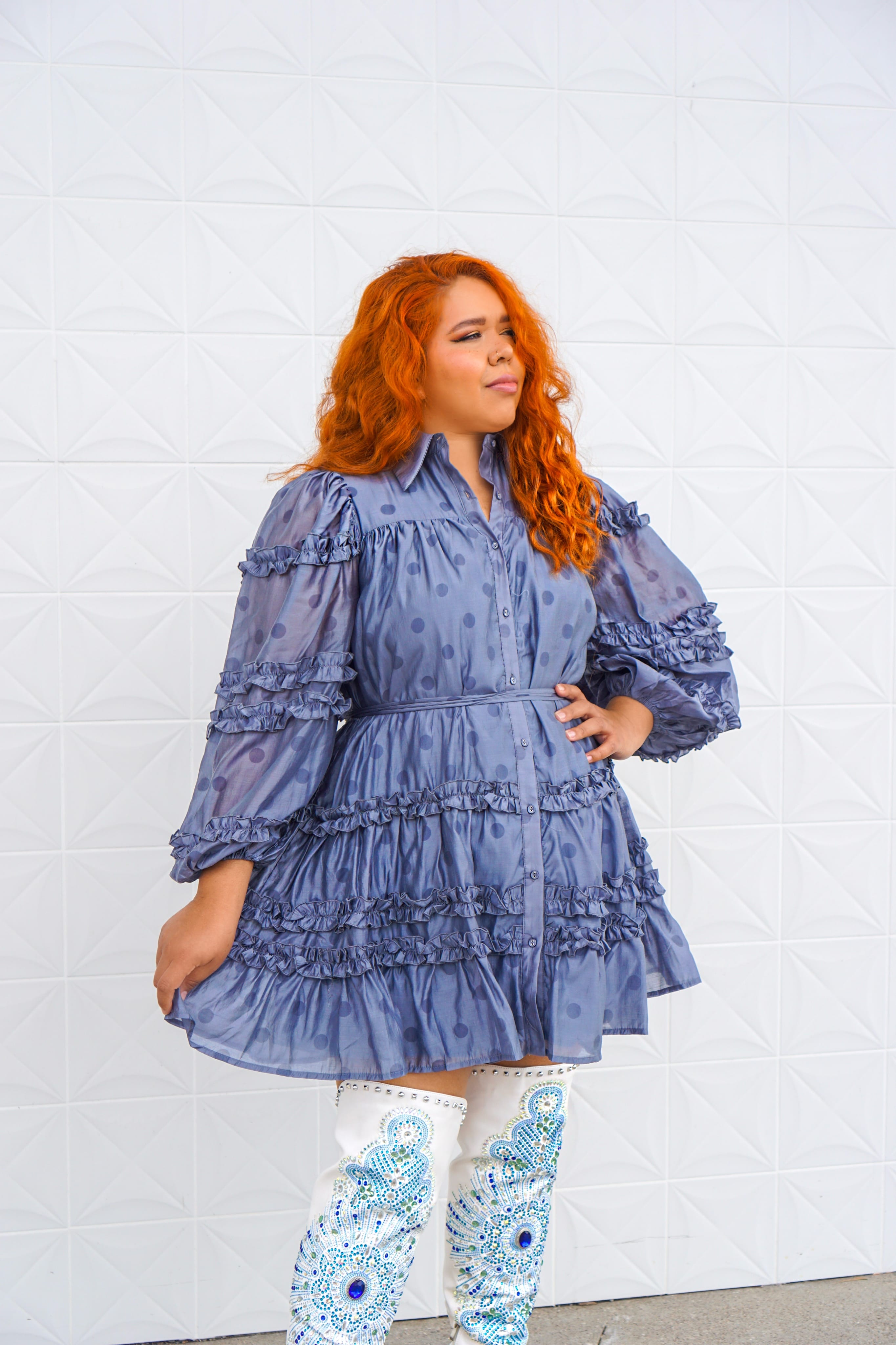 Private Label DRESSES Blue Polka Dot Ruffle Shirt Dress