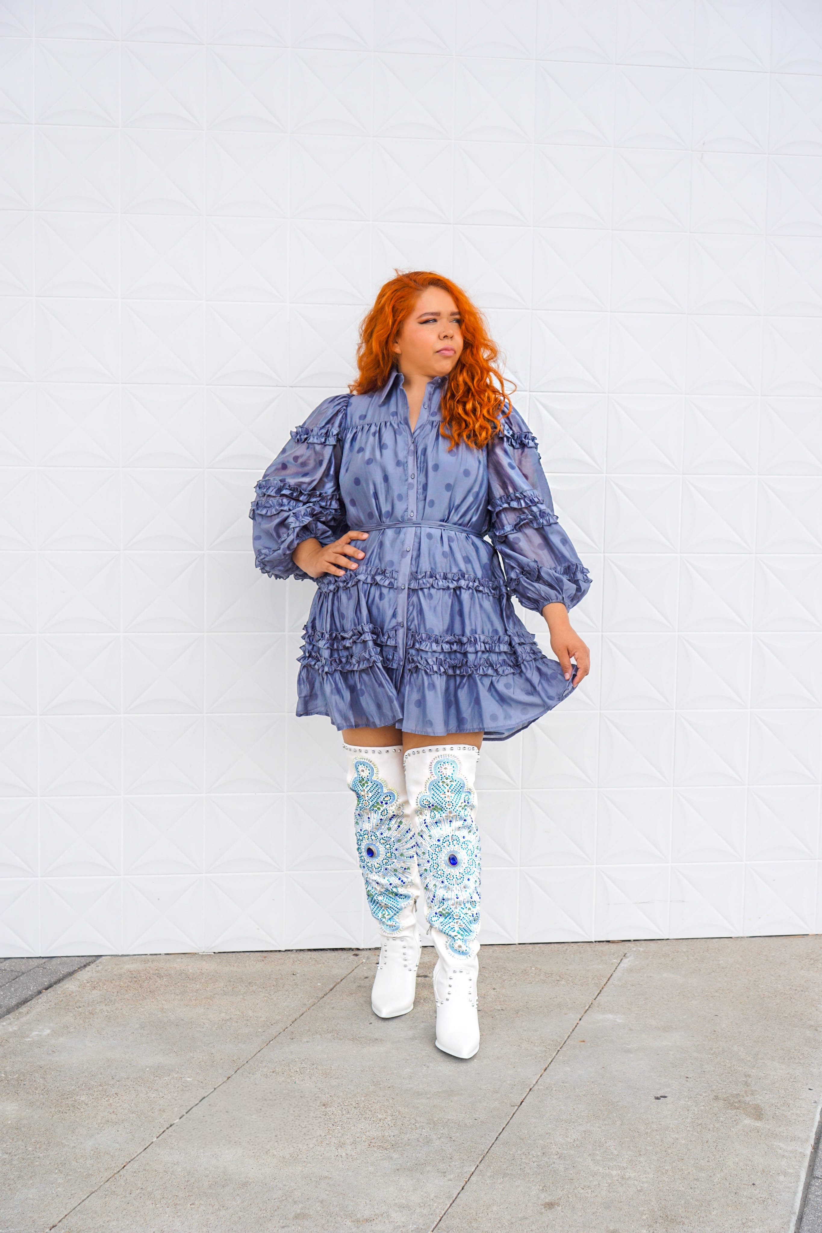 Private Label DRESSES Blue Polka Dot Ruffle Shirt Dress