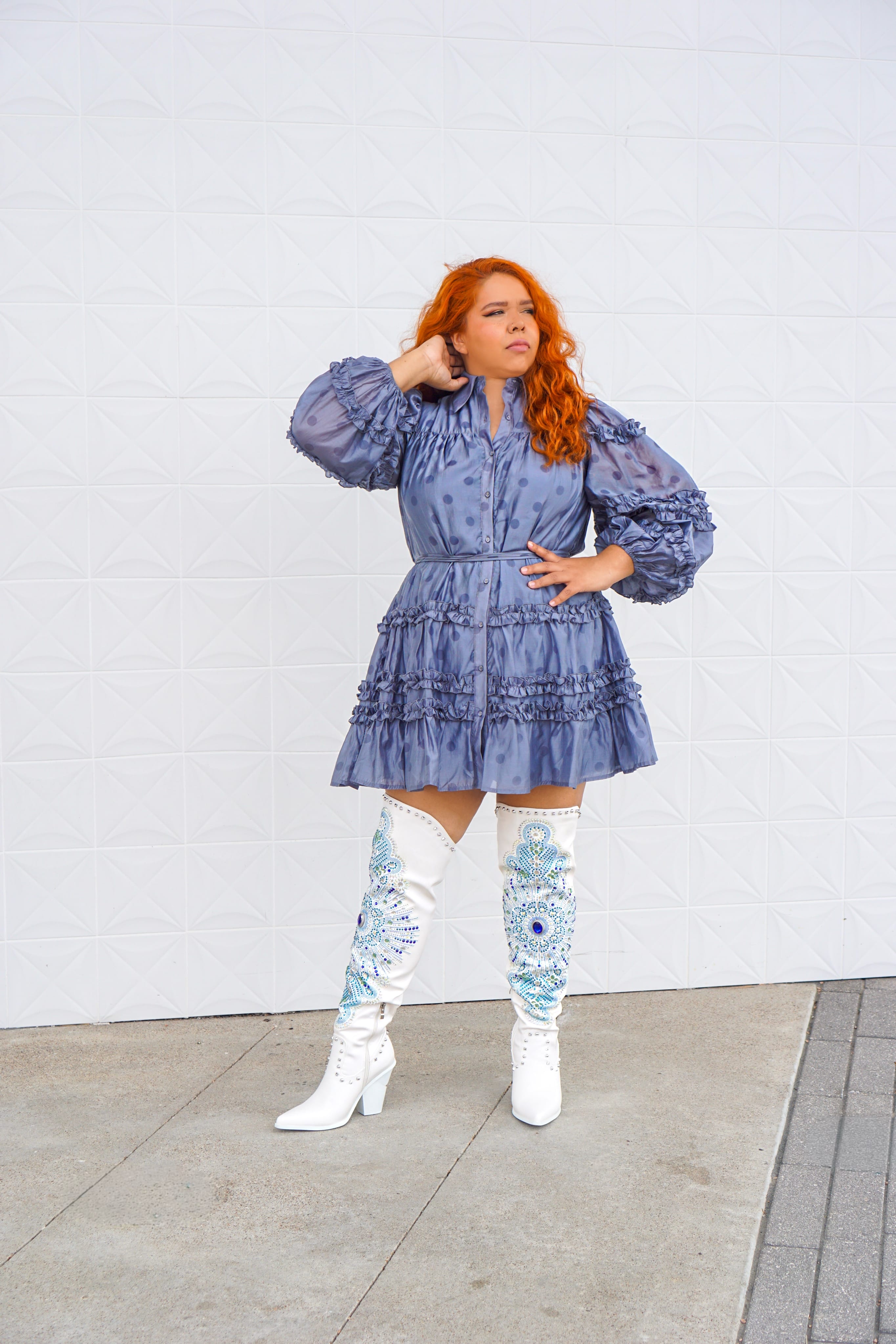 Private Label DRESSES Blue Polka Dot Ruffle Shirt Dress