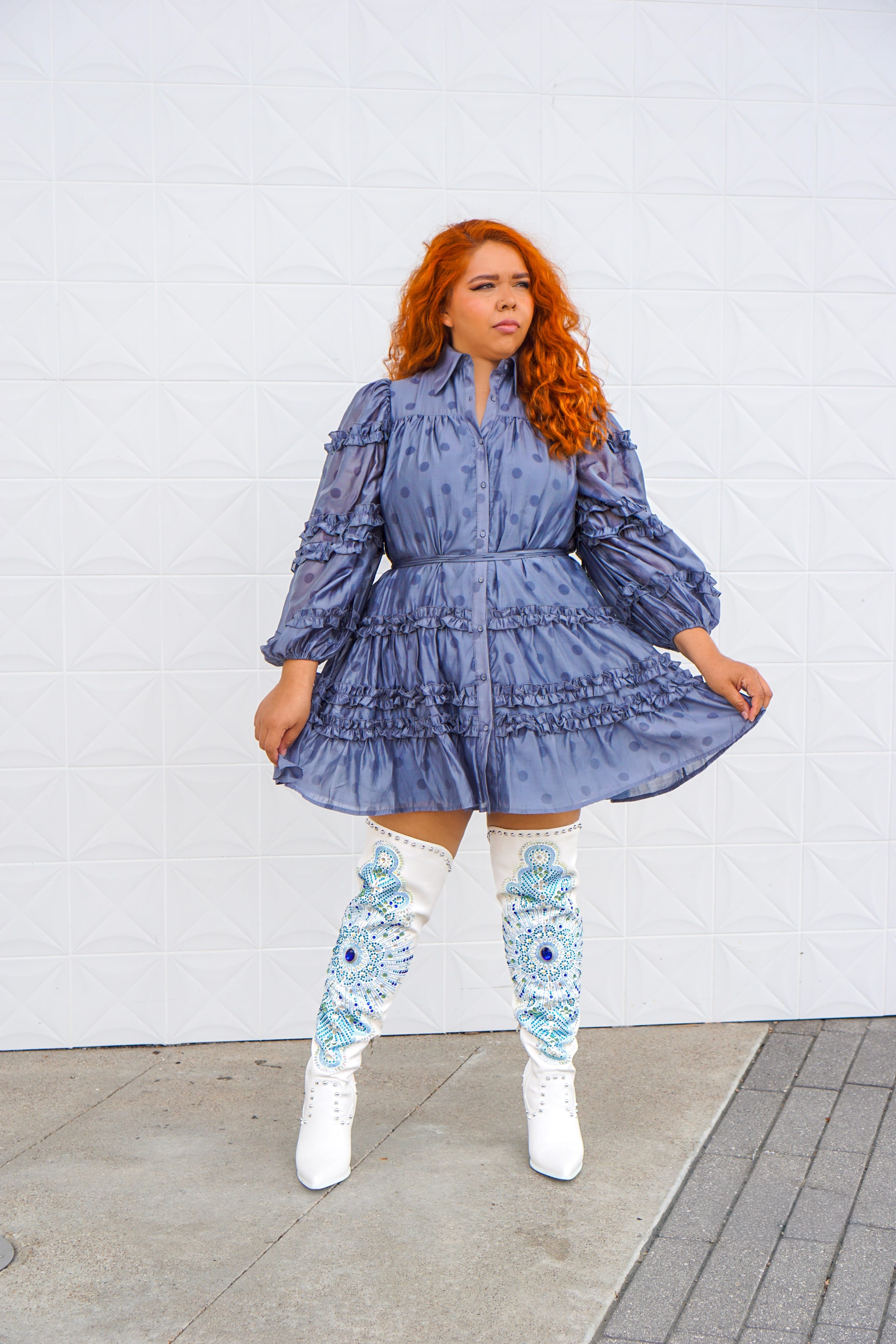 Private Label DRESSES Blue Polka Dot Ruffle Shirt Dress