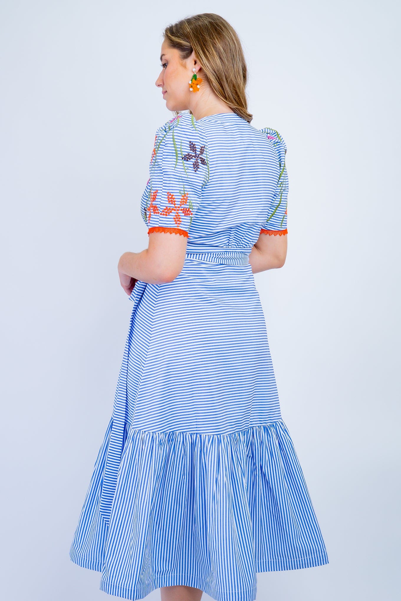 DCD DRESSES Blue Stripe Floral Embroidery Wrap Midi Dress