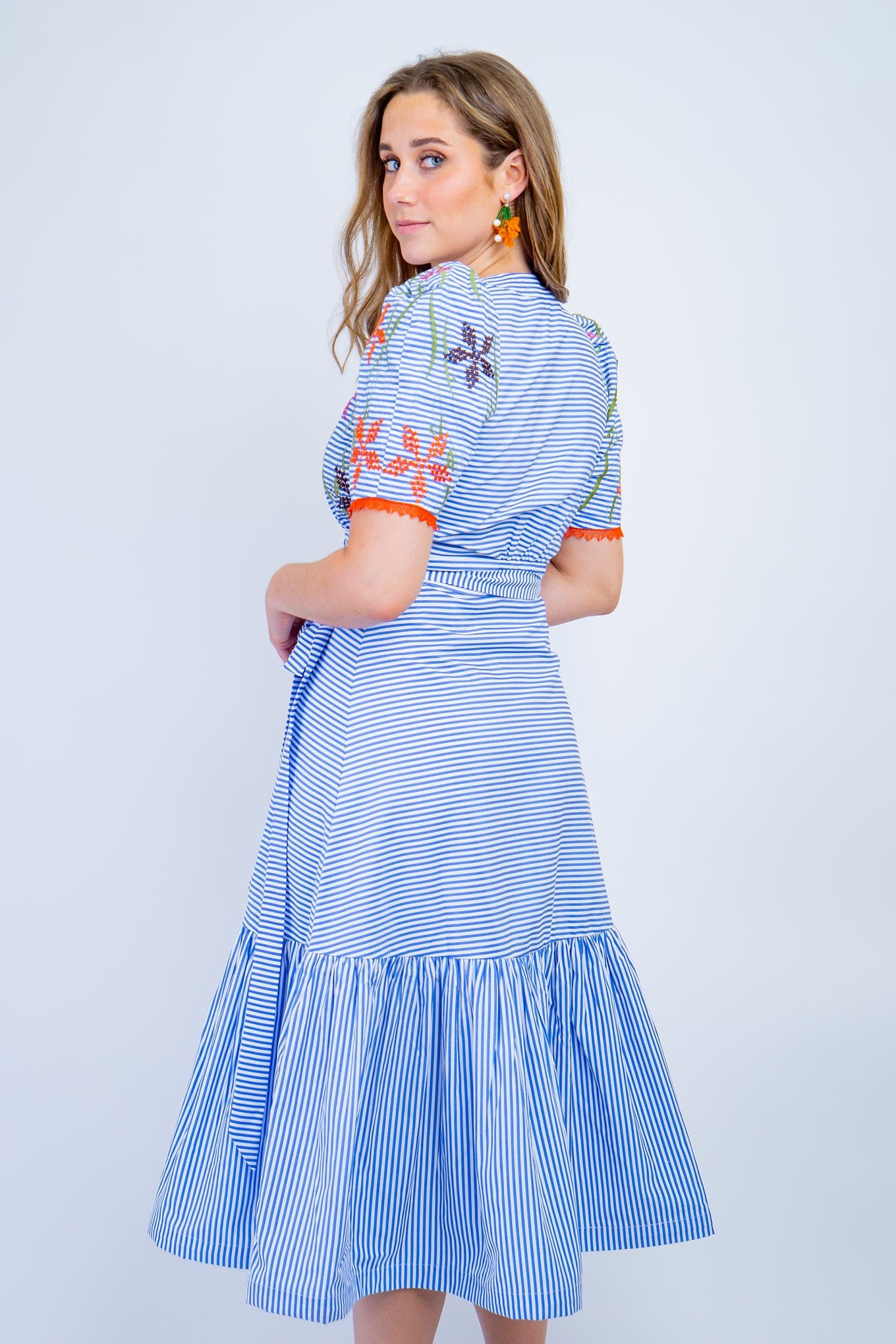 DCD DRESSES Blue Stripe Floral Embroidery Wrap Midi Dress