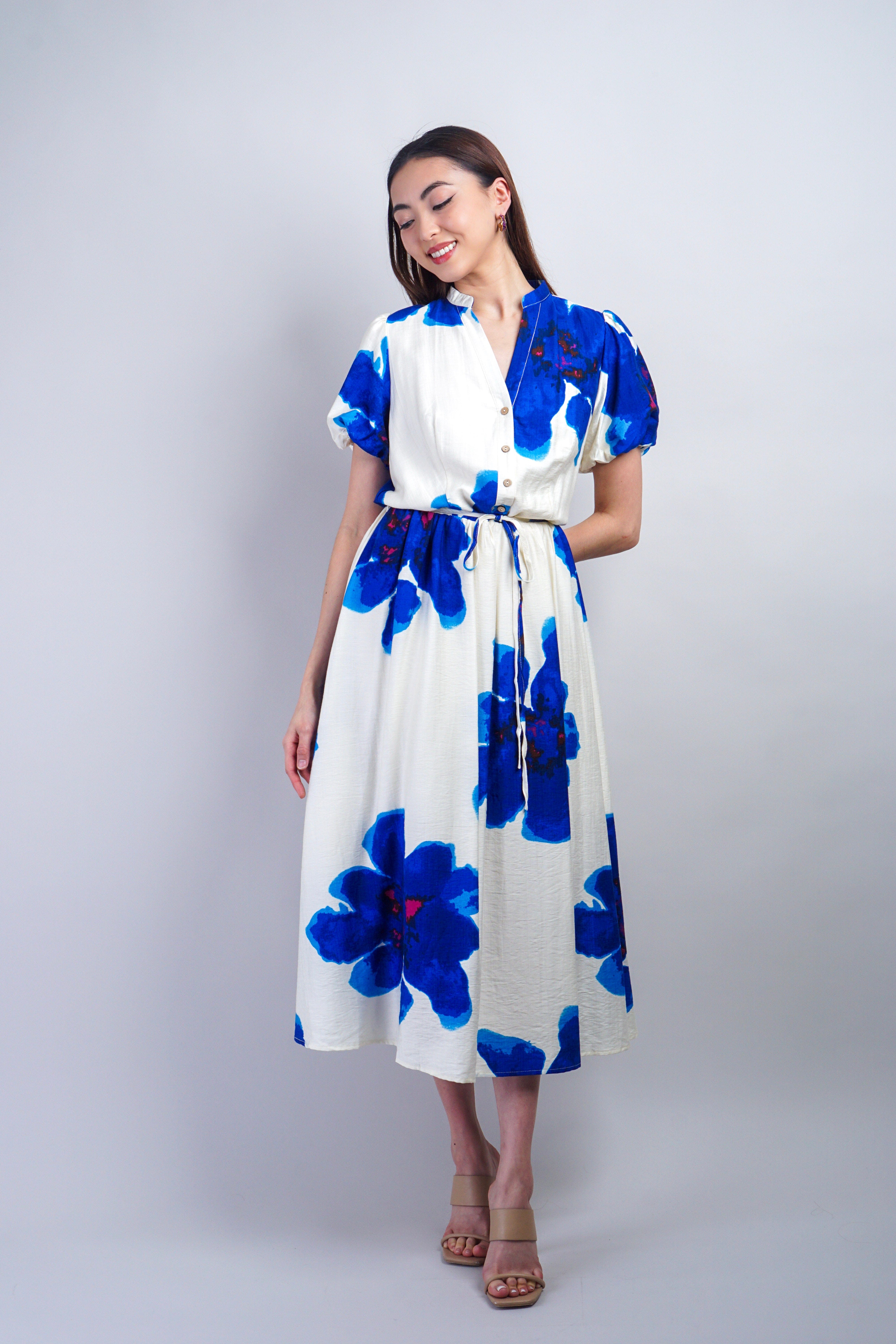 Private Label DRESSES Blue White Floral Puff Sleeve Dress