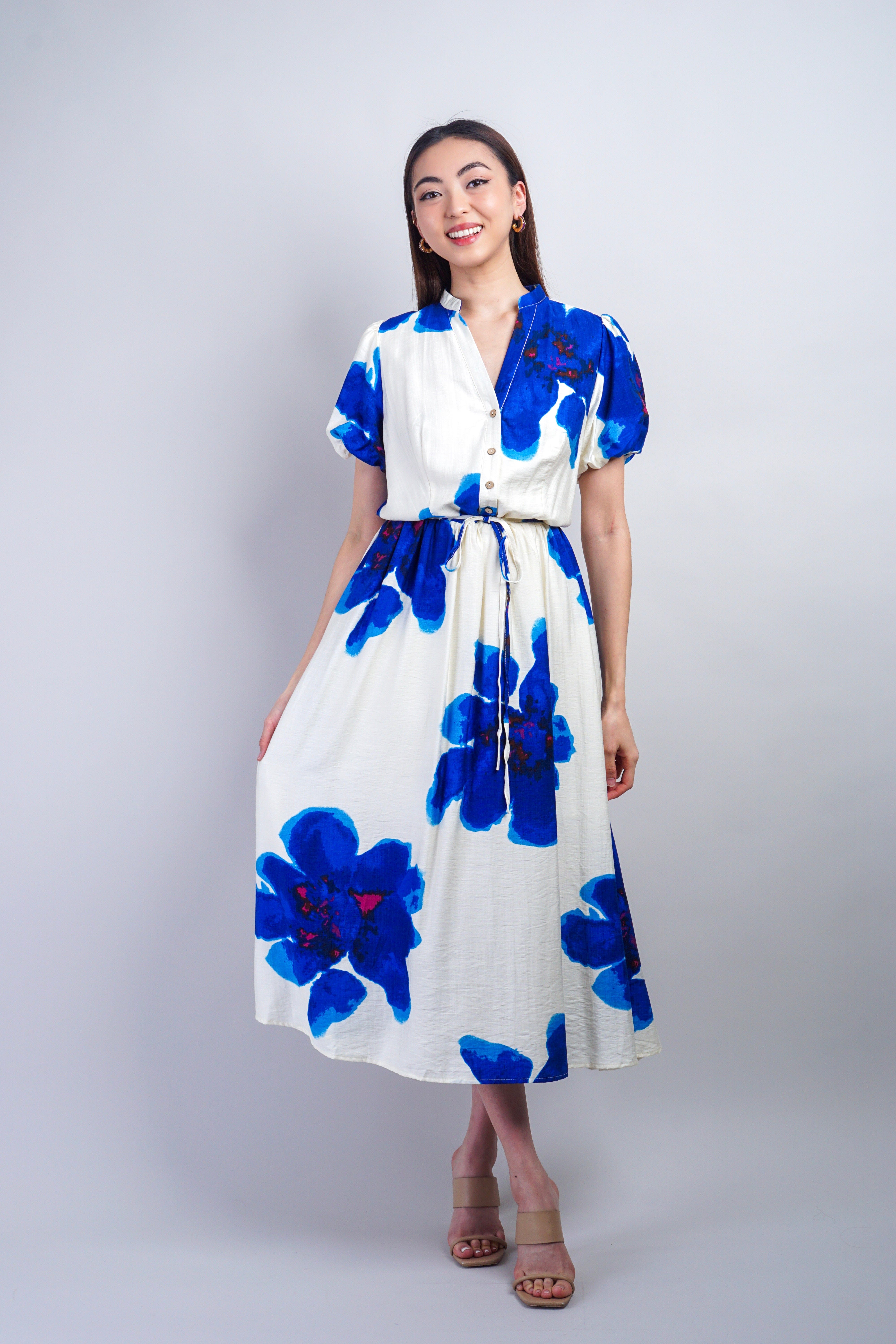 Private Label DRESSES Blue White Floral Puff Sleeve Dress