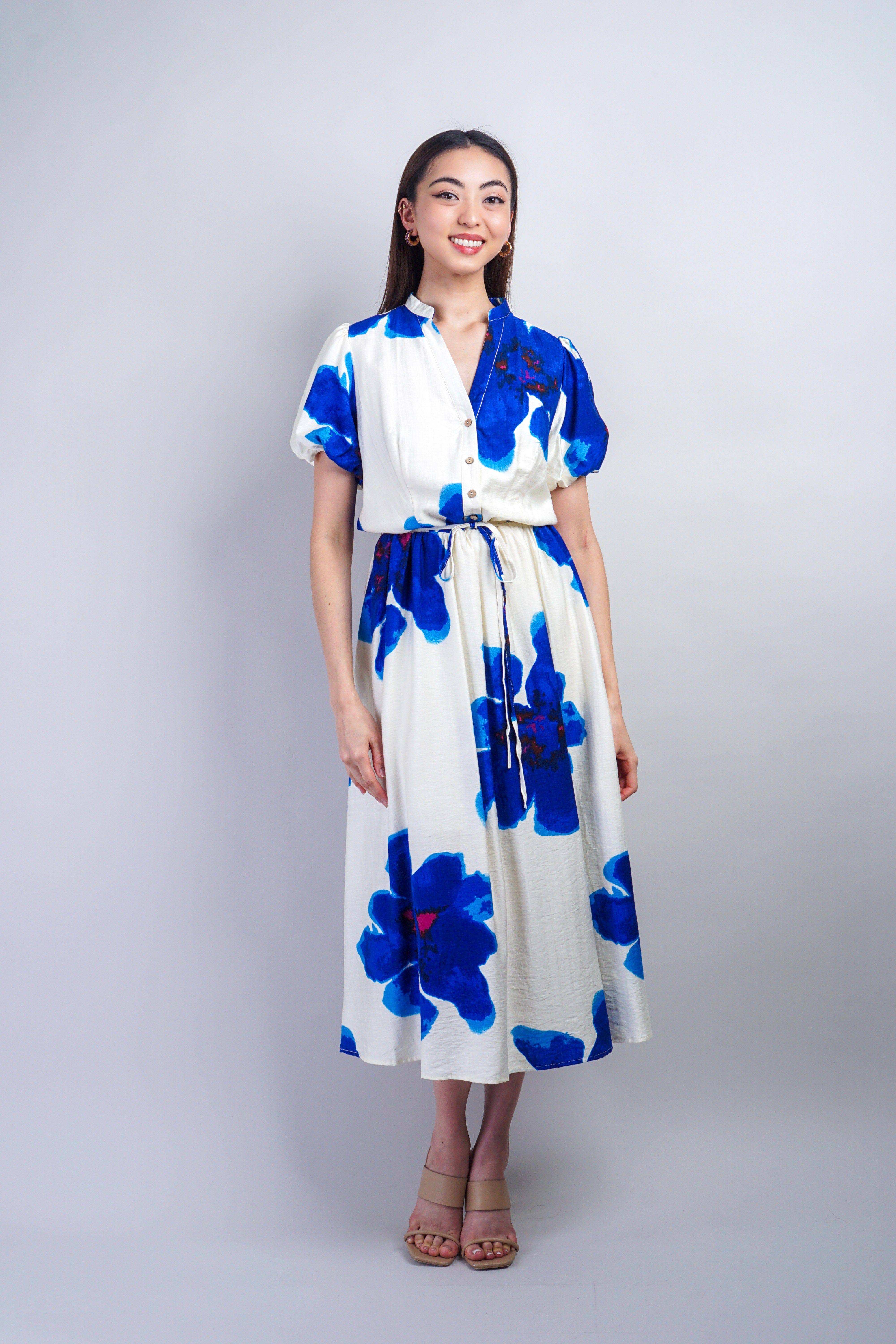 Private Label DRESSES Blue White Floral Puff Sleeve Dress