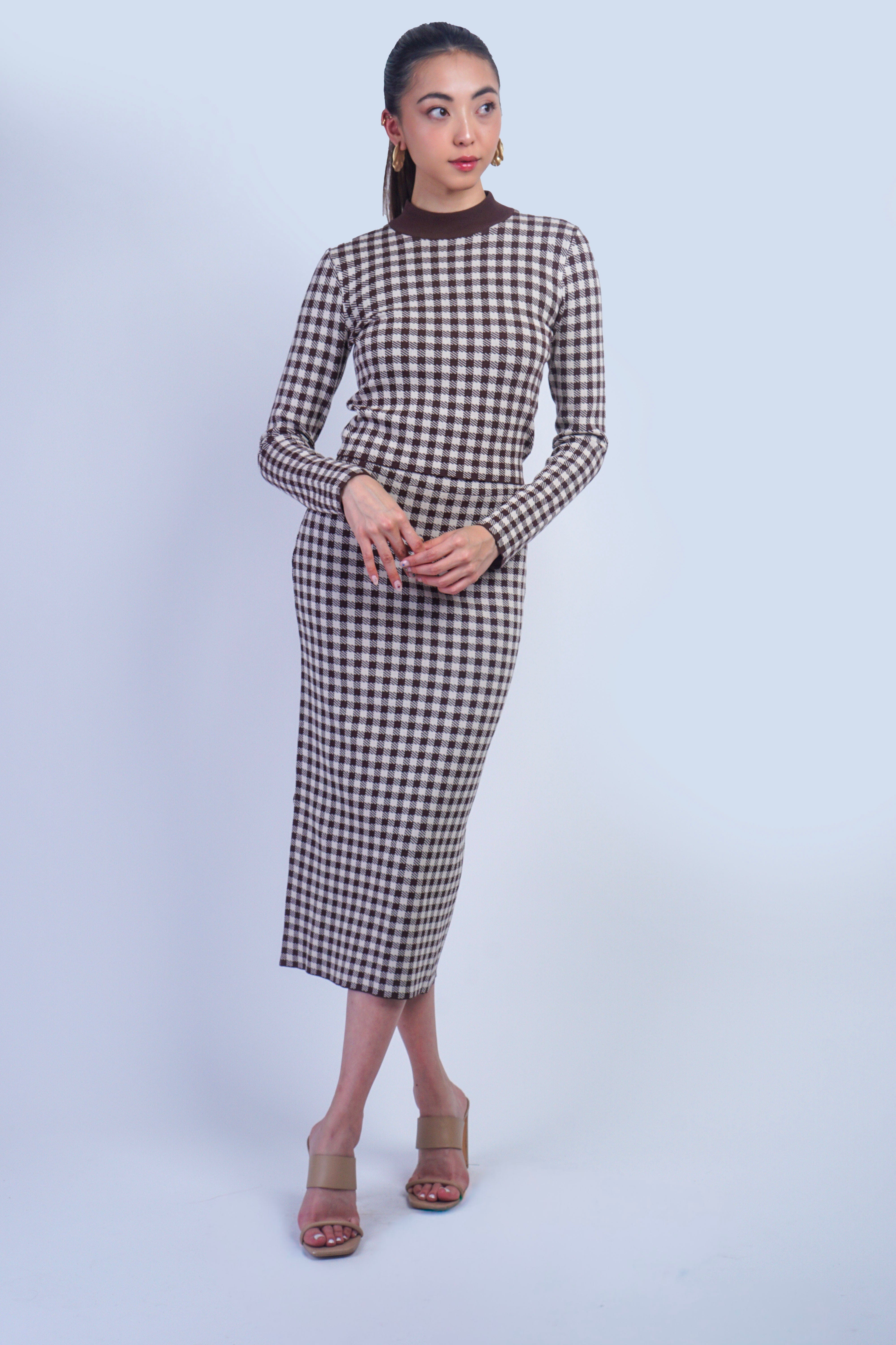 Private Label DRESSES Brown Hound Jacquard Skirt and Crop Long Sleeve Top