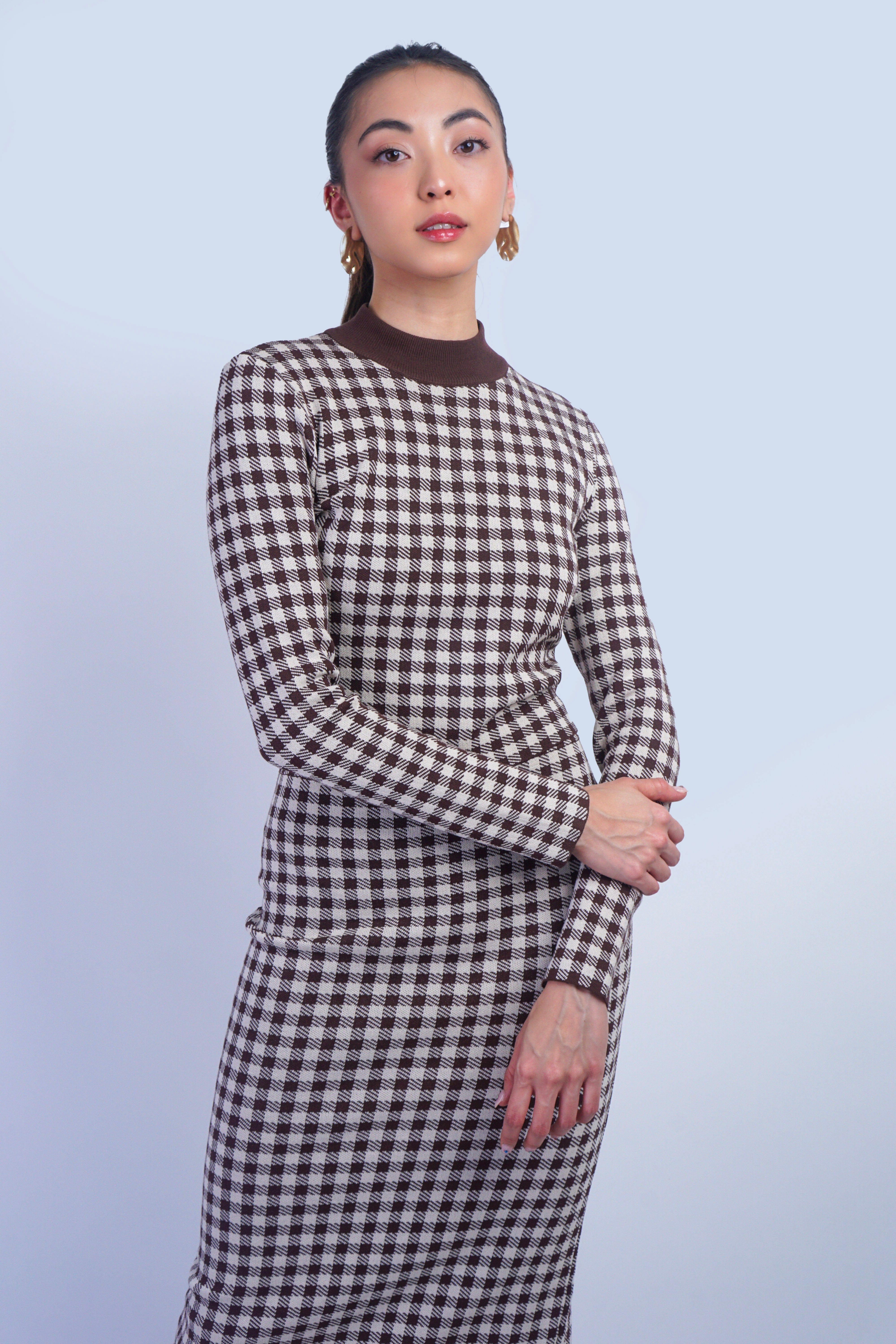 Private Label DRESSES Brown Hound Jacquard Skirt and Crop Long Sleeve Top