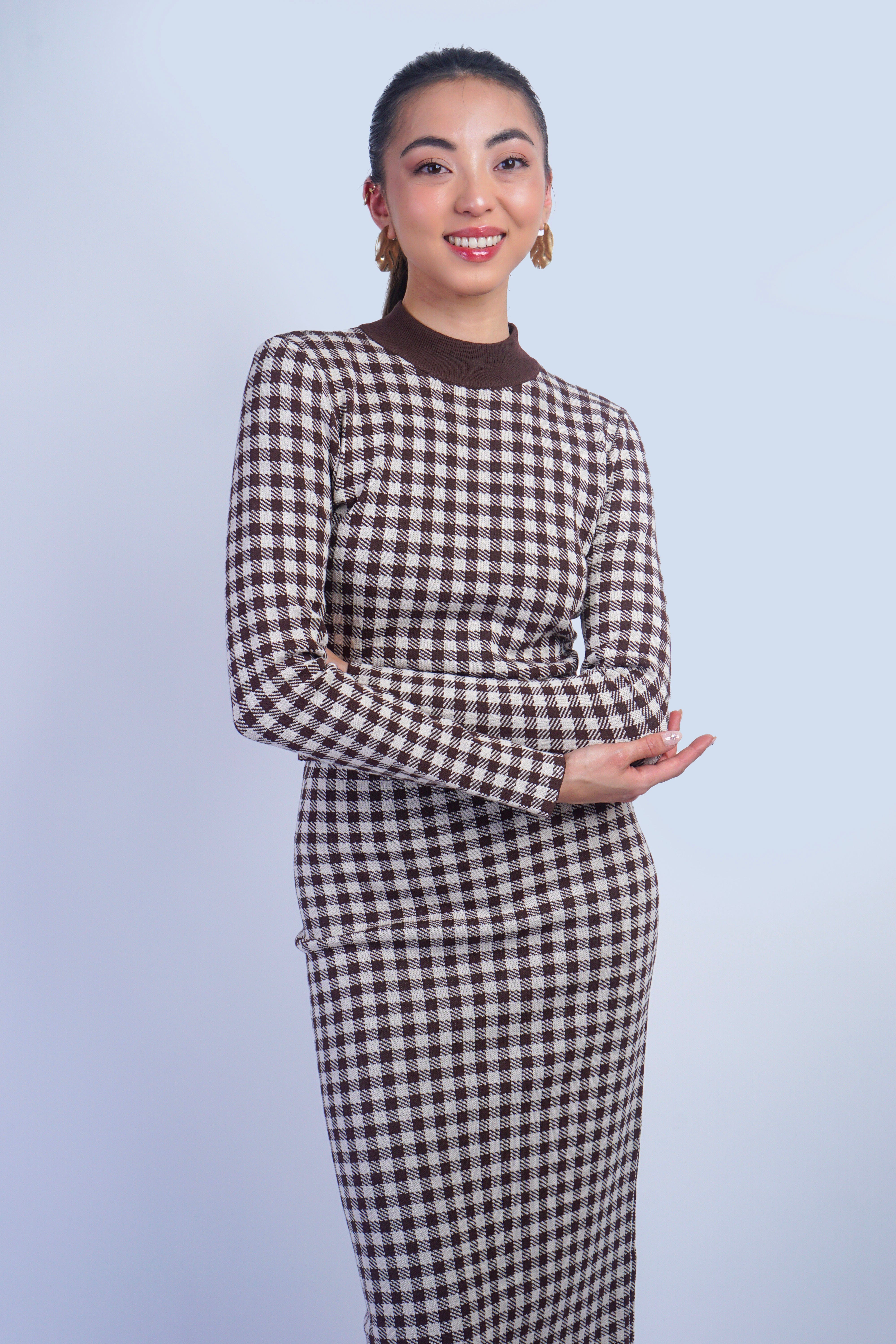 Private Label DRESSES Brown Hound Jacquard Skirt and Crop Long Sleeve Top