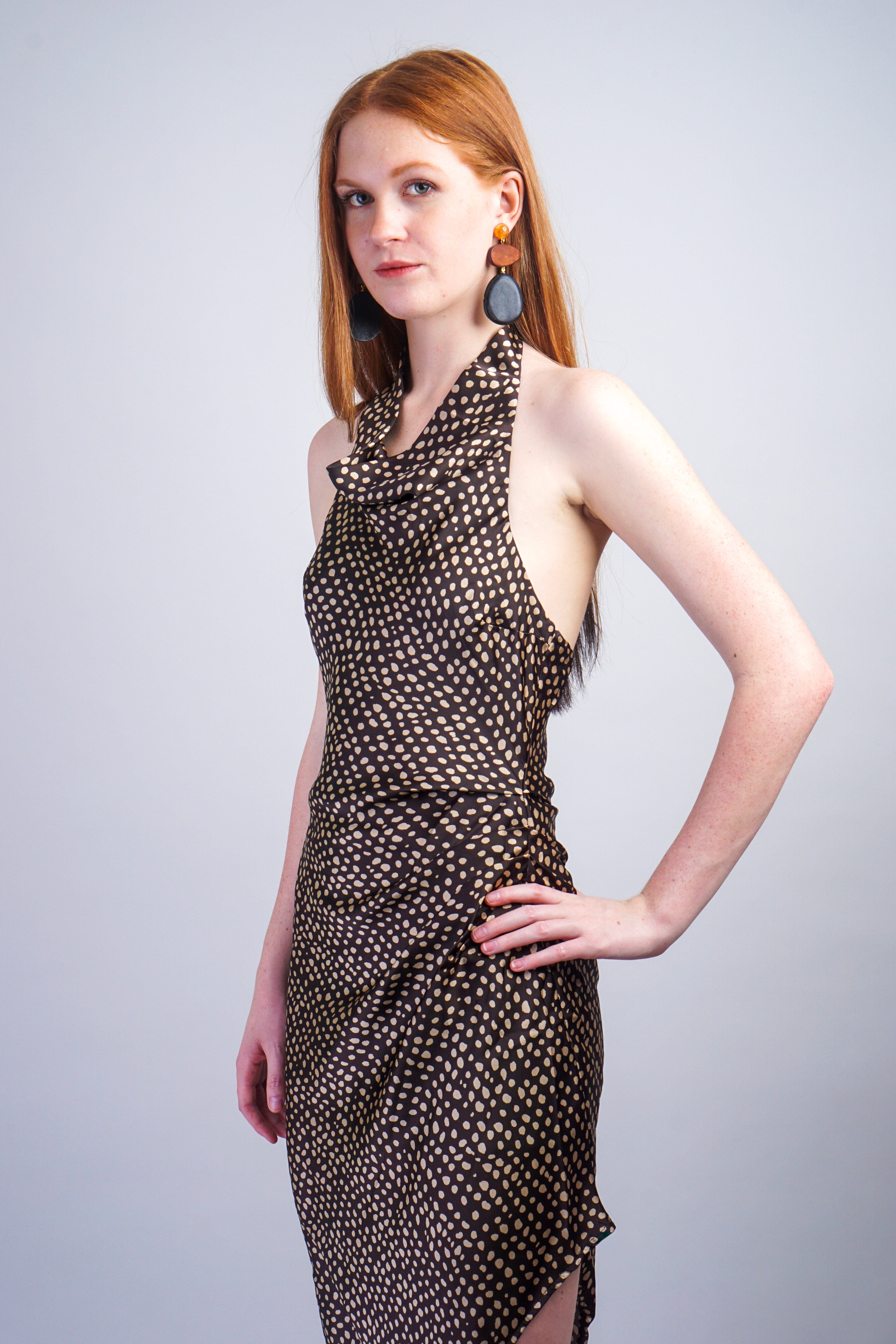 Private Label DRESSES Brown Ivory Polka Dot Halter Dress