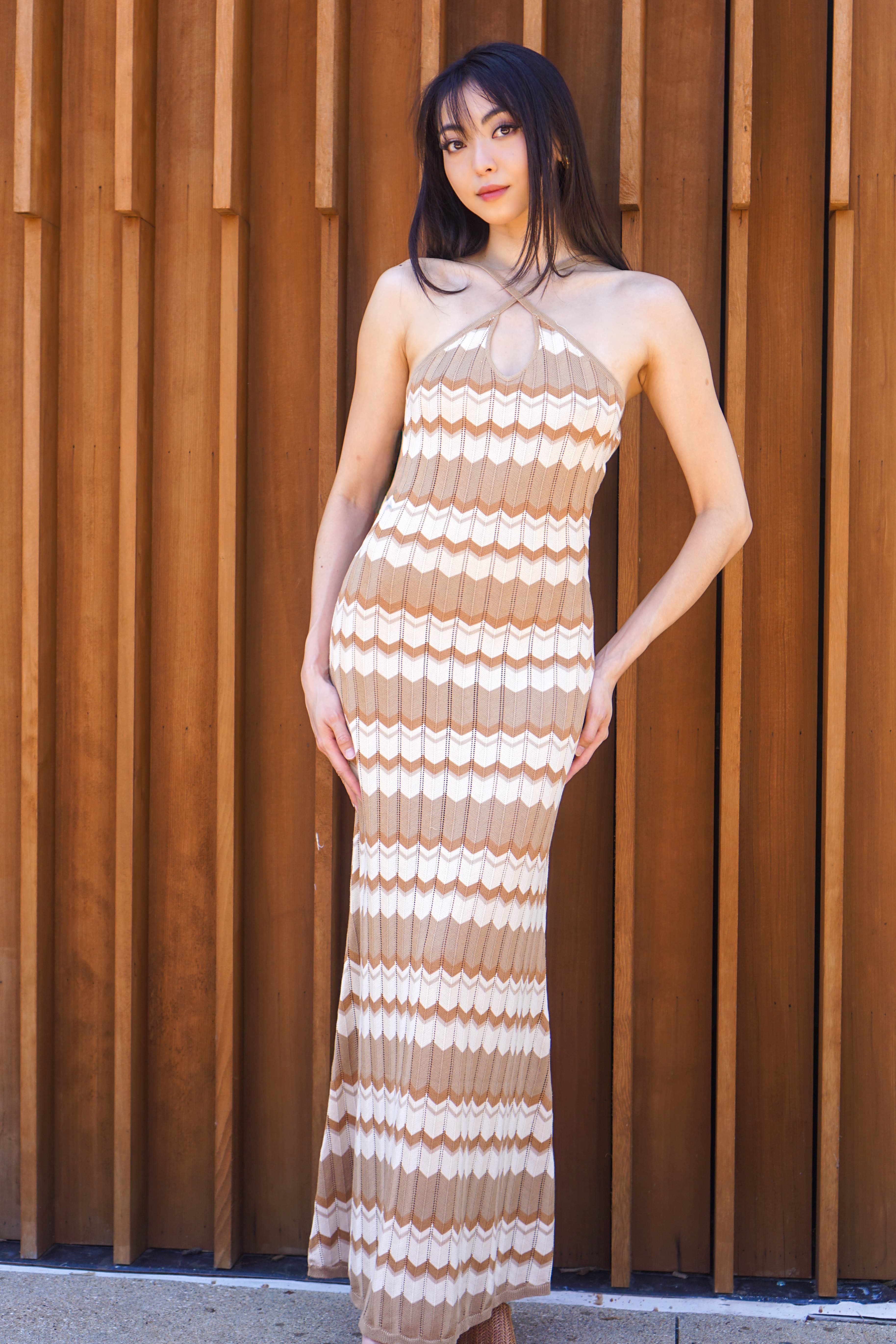 Private Label DRESSES Brown Knitted Zig Zag Striped Midi Dress